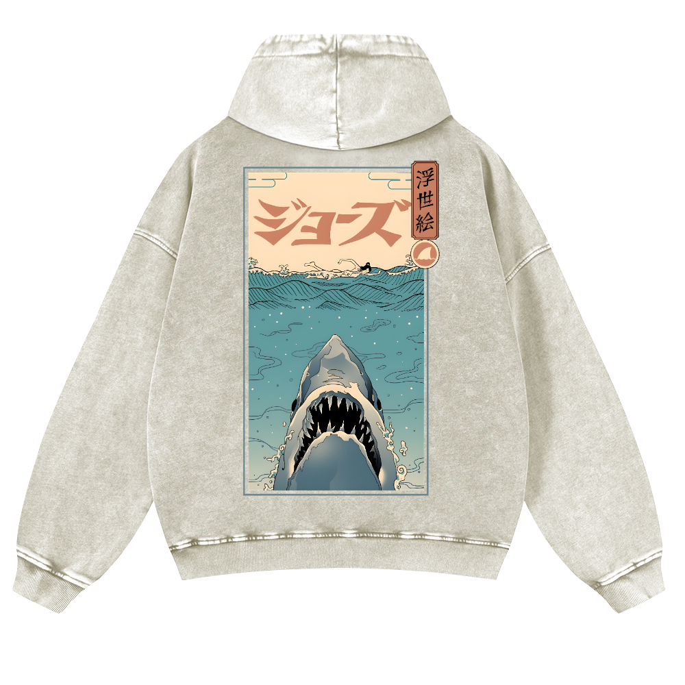 Jaws Ukiyoe Vintage Washed Cotton Back Art Hoodie