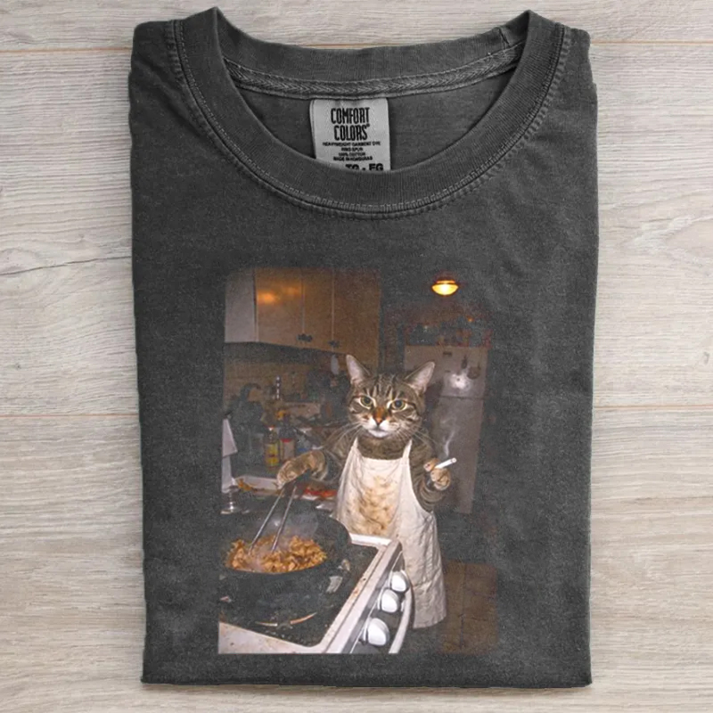 Retro Cooking Cat Meme Graphic T-shirt