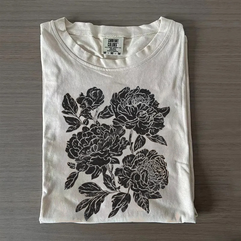 Retro Linocut Peonies Ringer T-shirt