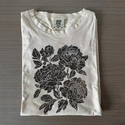 Retro Linocut Peonies Ringer T-shirt