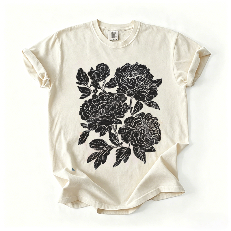 Retro Linocut Peonies Ringer T-shirt