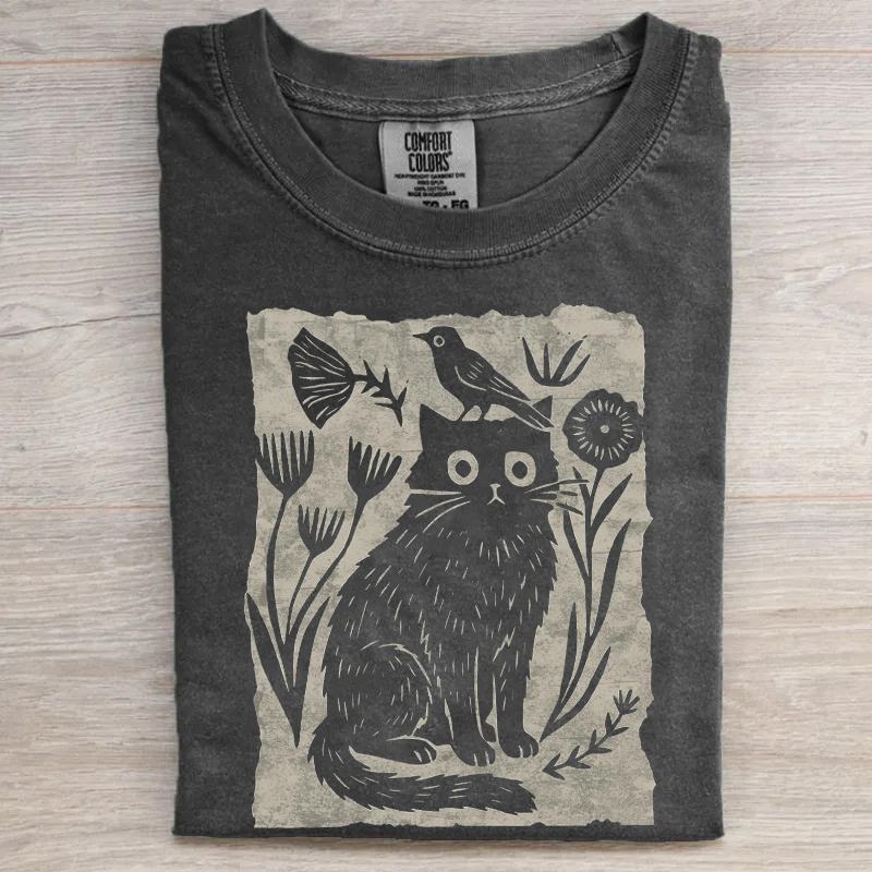 Floral Cat and Bird T-shirt