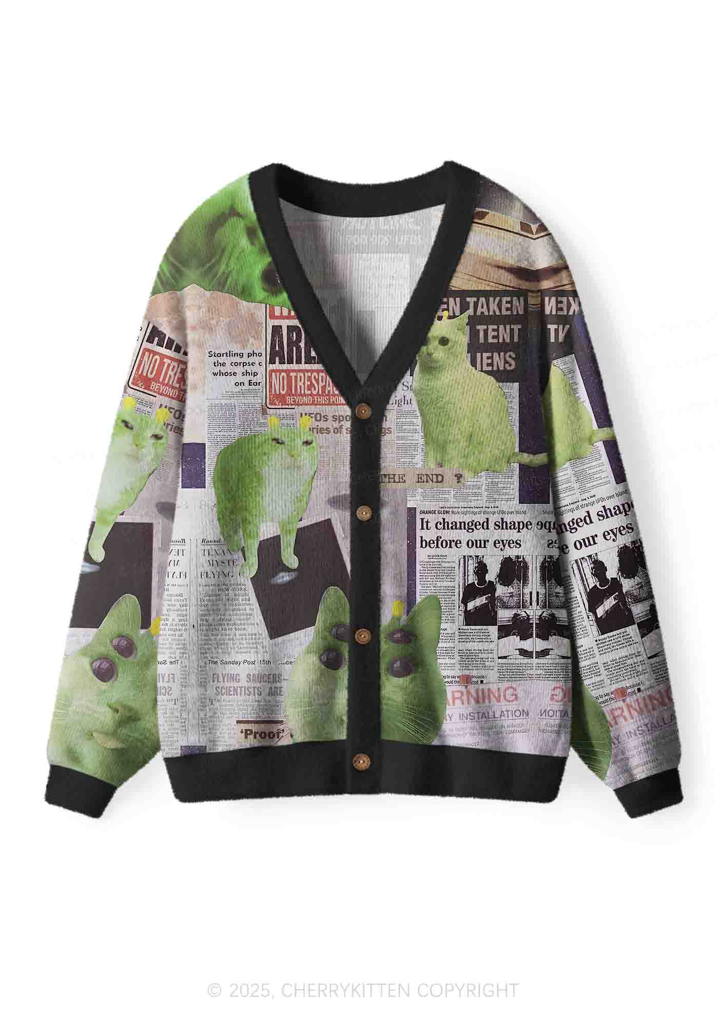 Green Alien Kitten Y2K Christmas Cardigan Knit Sweatshirt Cherrykitten