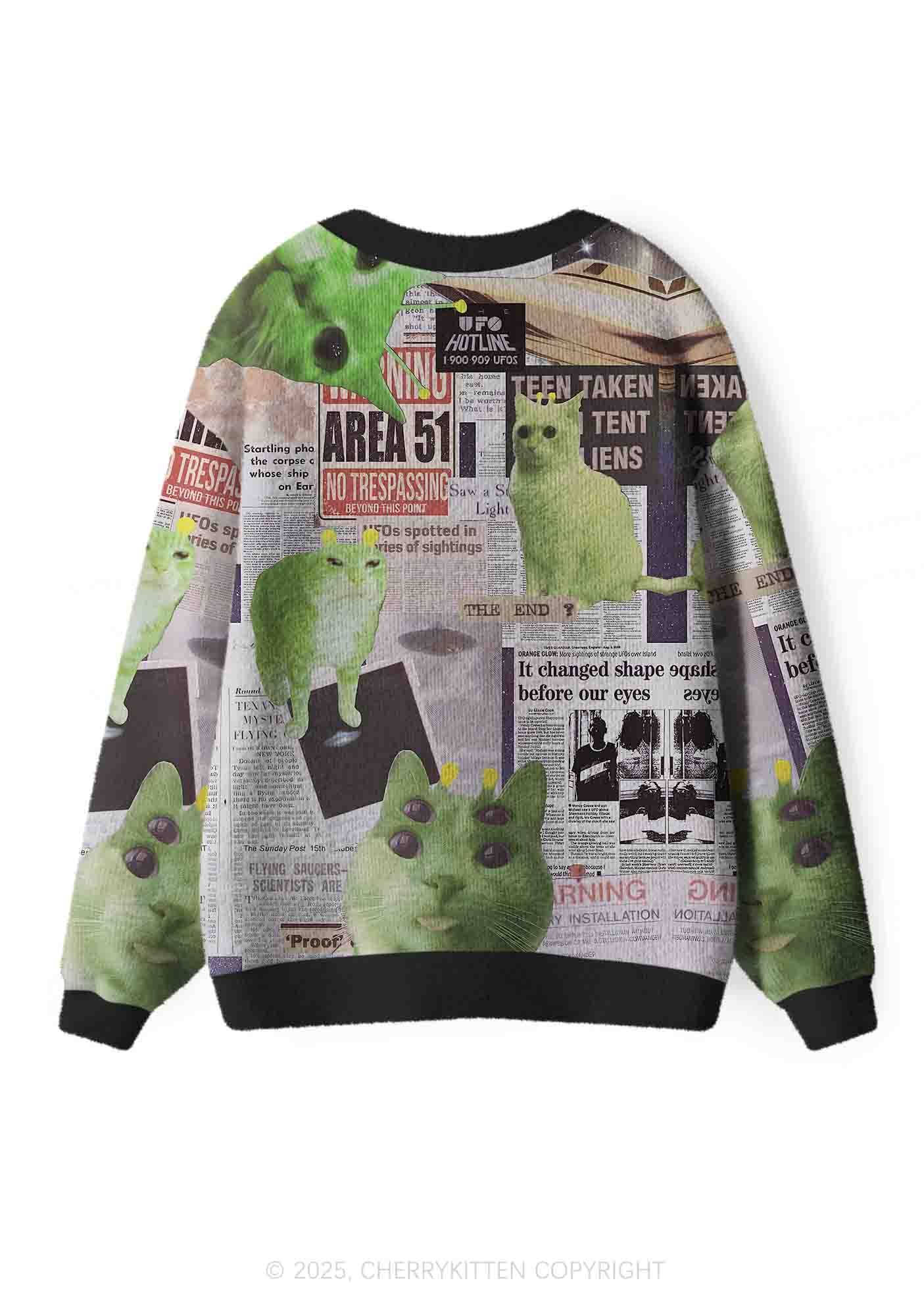 Green Alien Kitten Y2K Christmas Cardigan Knit Sweatshirt Cherrykitten