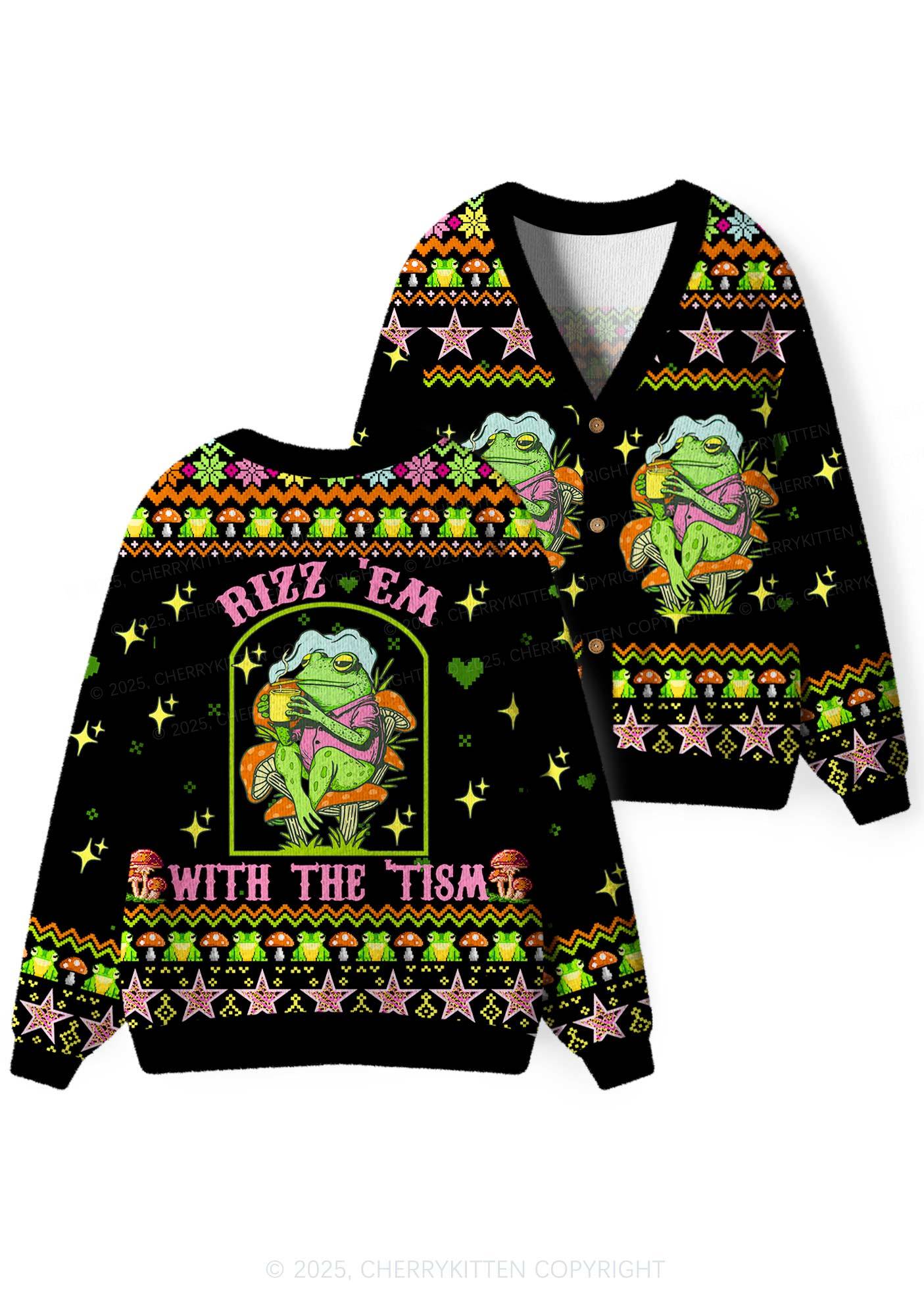 Tism Rizz Frog Y2K Christmas Cardigan Knit Sweatshirt Cherrykitten