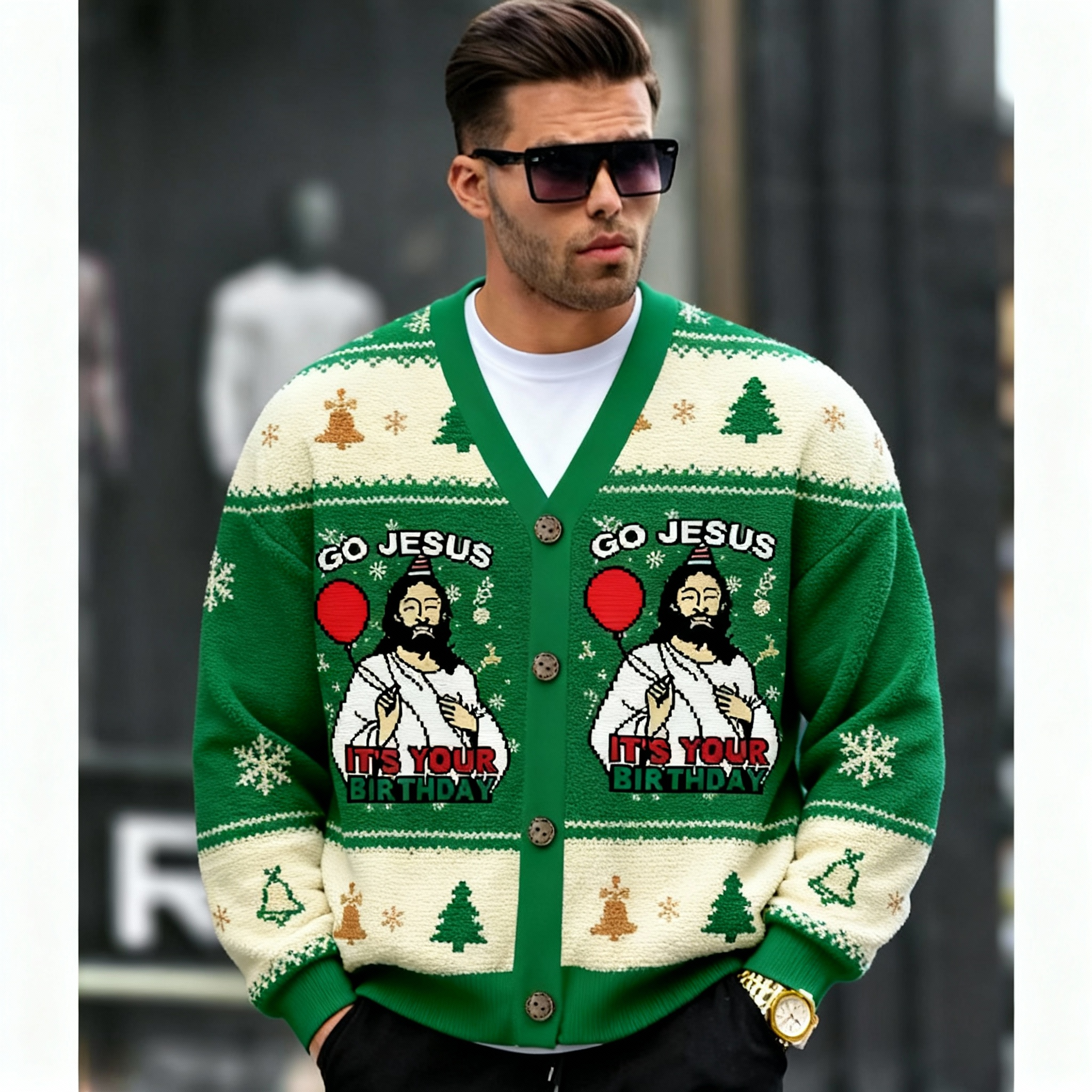 Tokyocanvas Go Jesus It's Your Birthday Funny Ugly Cardigan Sweatshirt