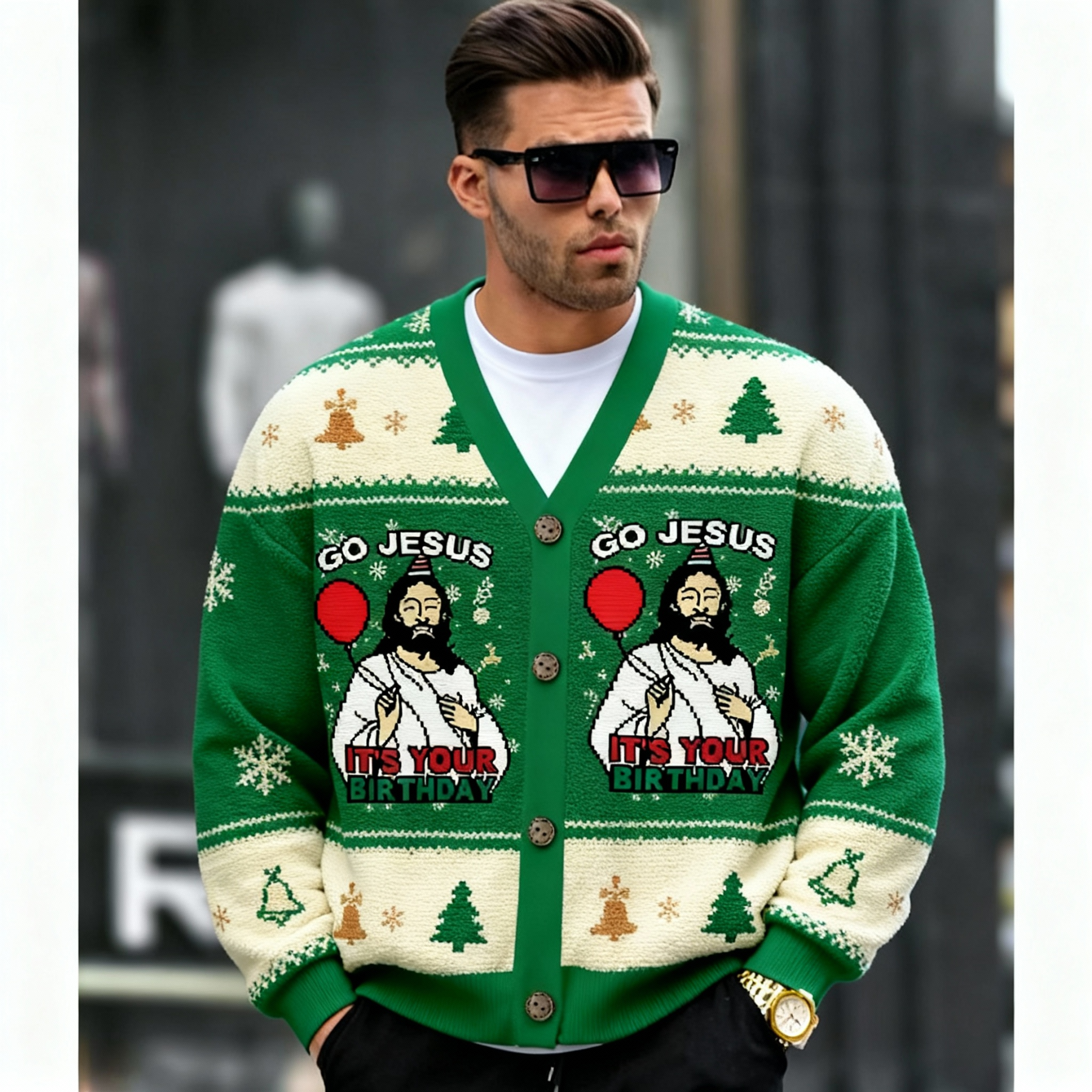 Tokyocanvas Go Jesus It's Your Birthday Funny Ugly Cardigan Sweatshirt