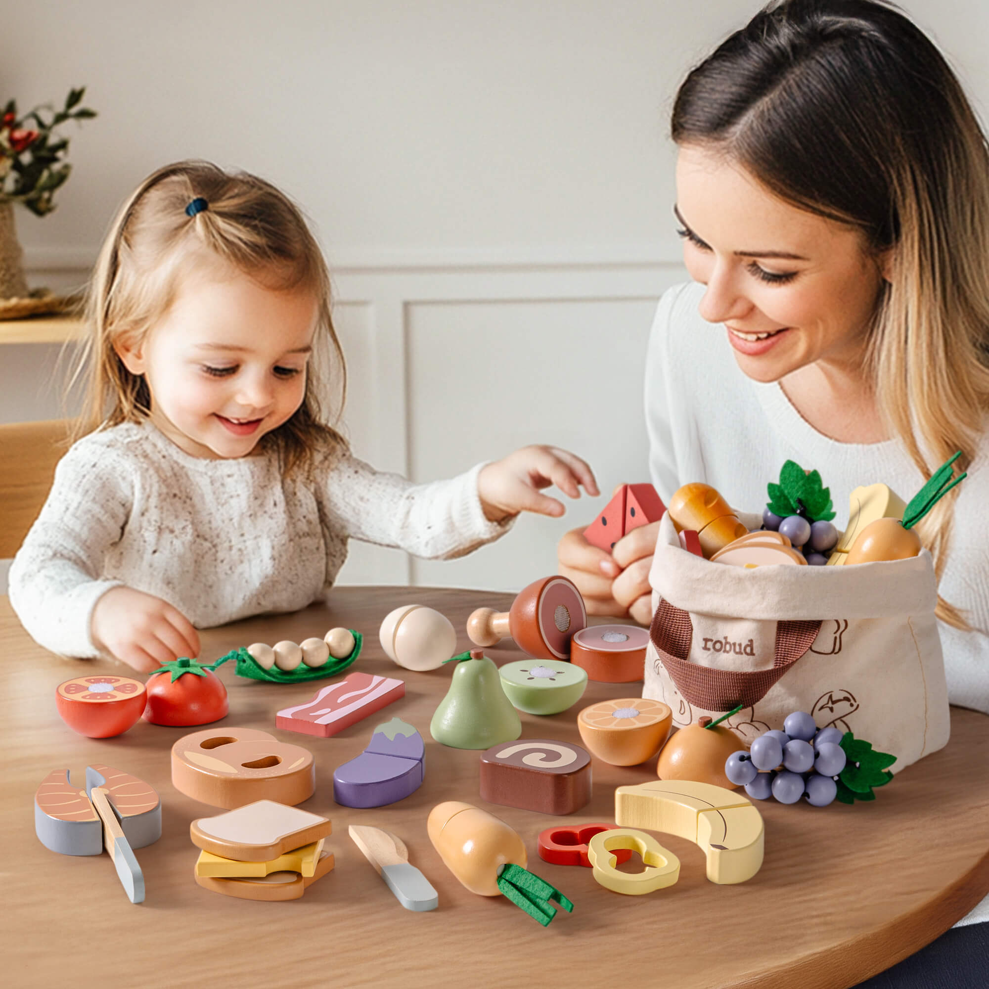 ROBUD Holz-Schneide-Lebensmittel-Spielset 4-in-1