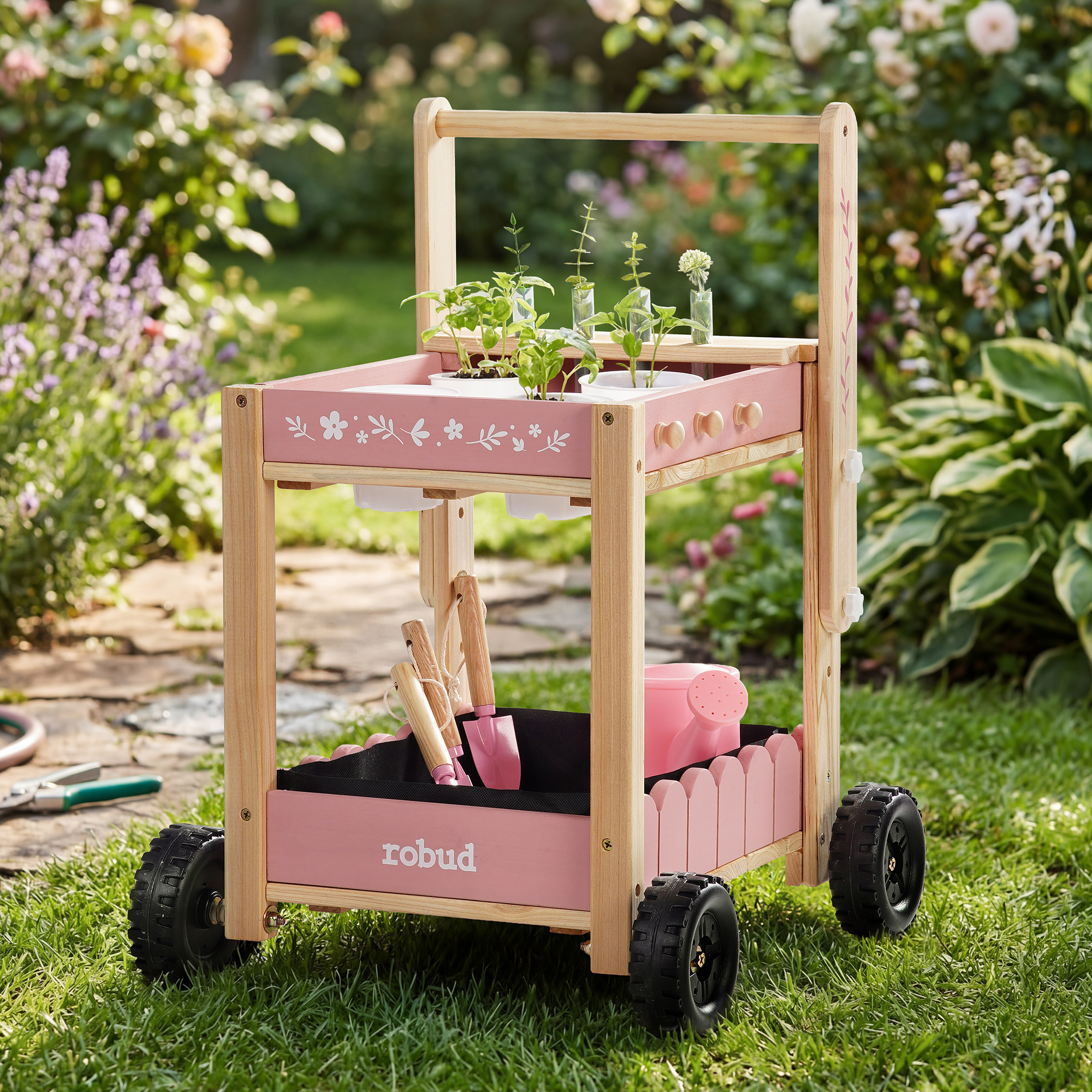 ROBUD Kids Gardening Set with Wooden Trolley