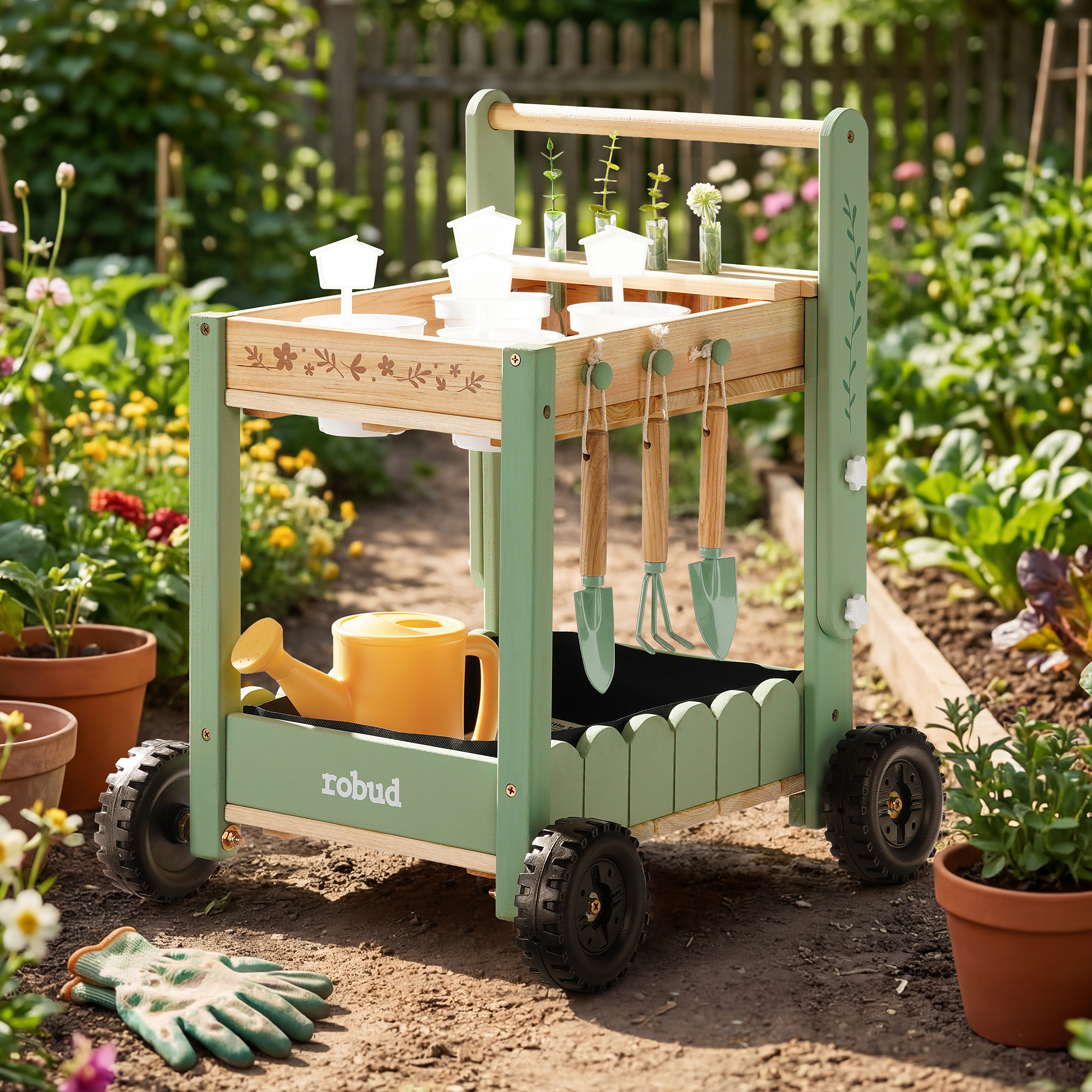 ROBUD Kids Gardening Set with Wooden Trolley