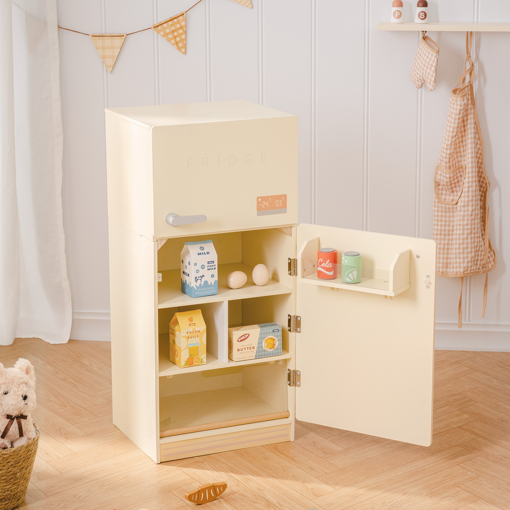 ROBUD Wooden Kids Play Kitchen Fridge Creamy