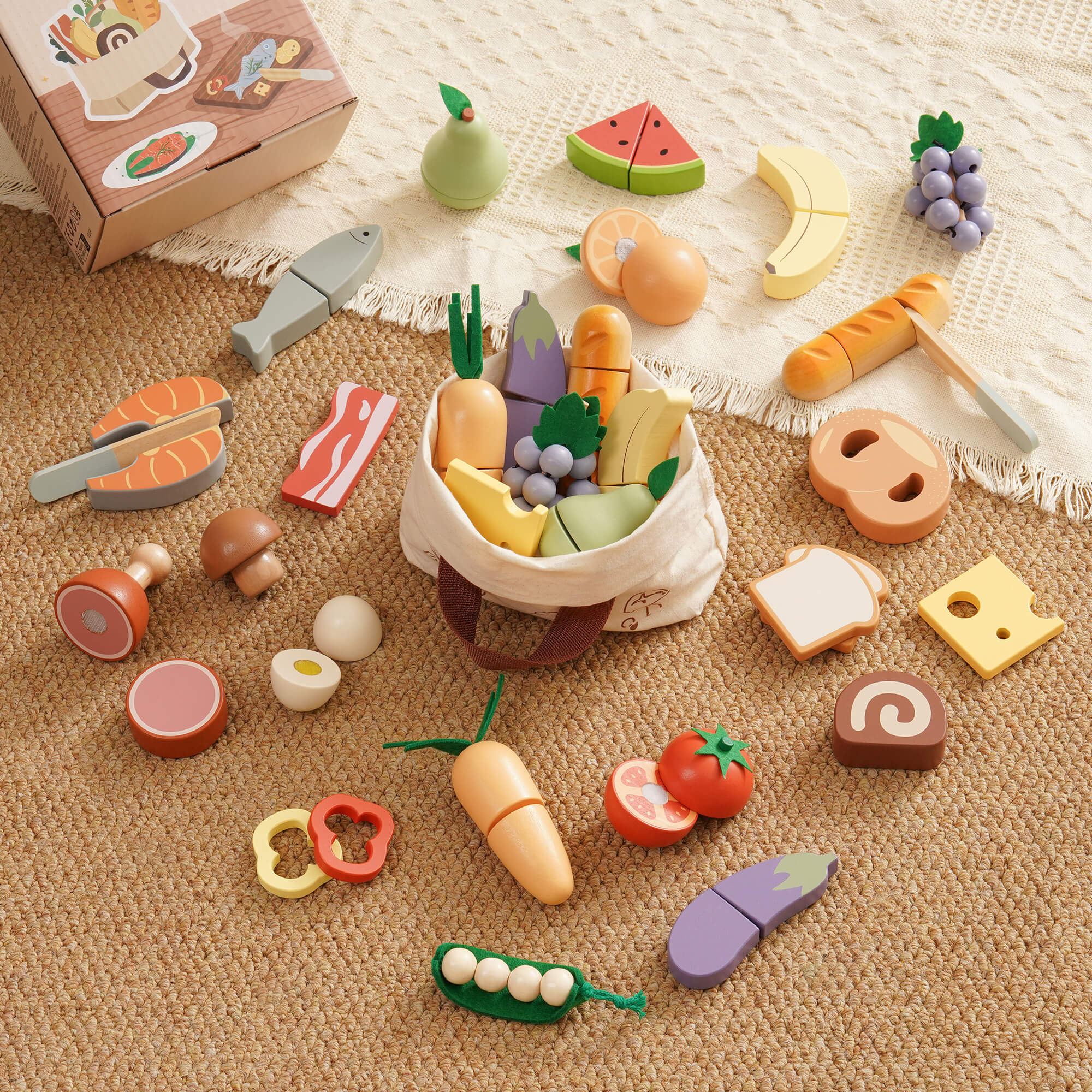 ROBUD Holz-Schneide-Lebensmittel-Spielset 4-in-1