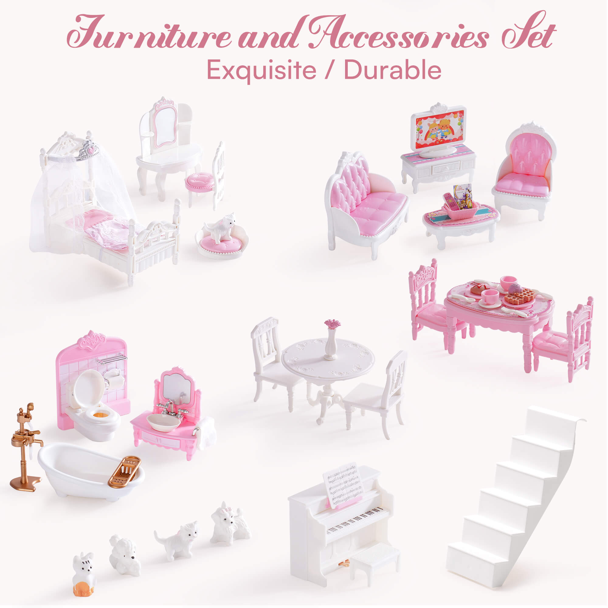 ROBUD Wooden Dollhouse with Elevator 20pcs Furniture 3-Storey Preschool WDH04