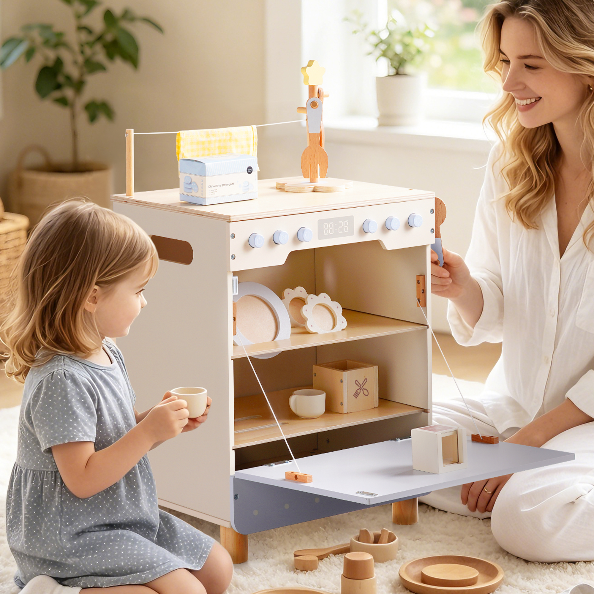 ROBUD Toy Wooden Dishwasher Playset