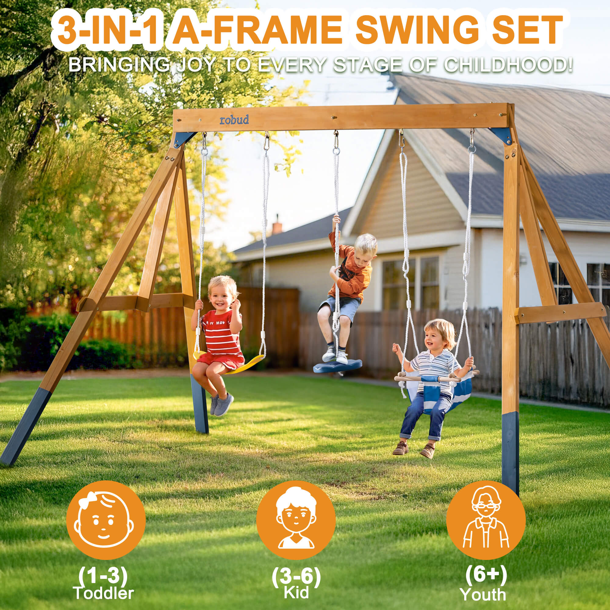 ROBUD Wooden Swing Set with Swings for Kids