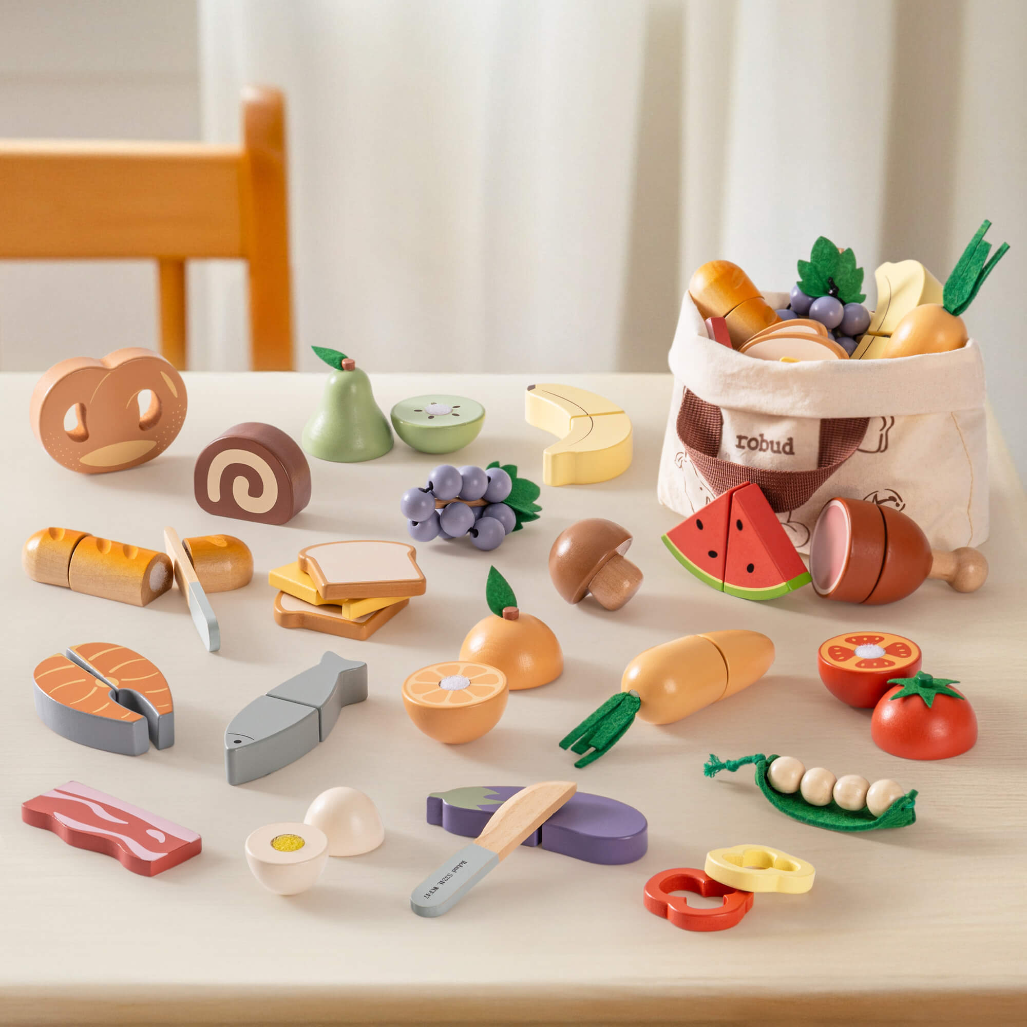 ROBUD Holz-Schneide-Lebensmittel-Spielset 4-in-1