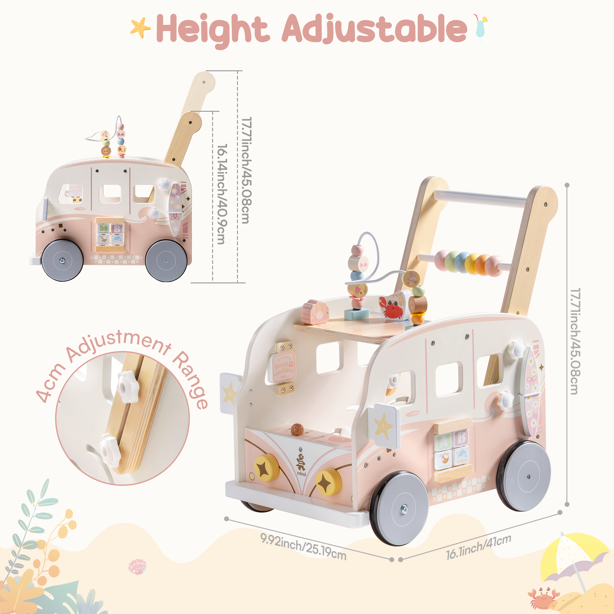 ROBUD Lauflernwagen aus Holz – Rosa Urlaubsbus – Image 11
