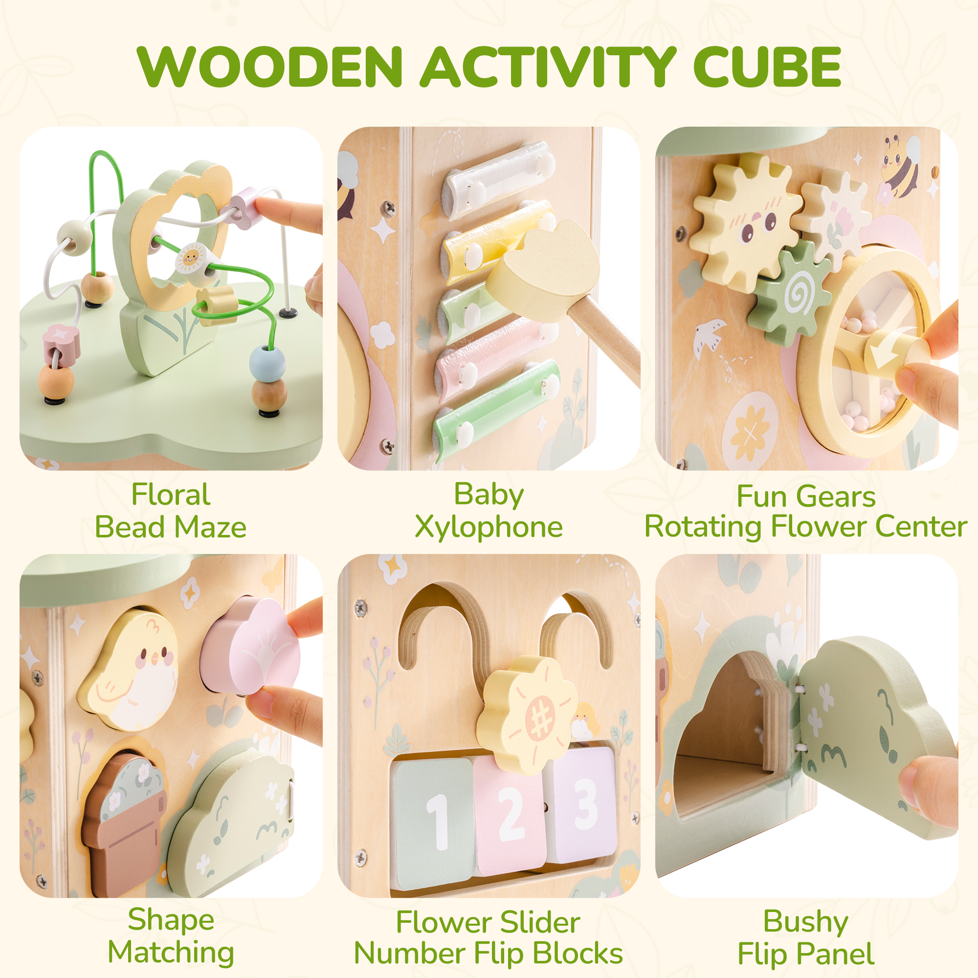 ROBUD Wooden Activity Cube - Flower Bush Theme