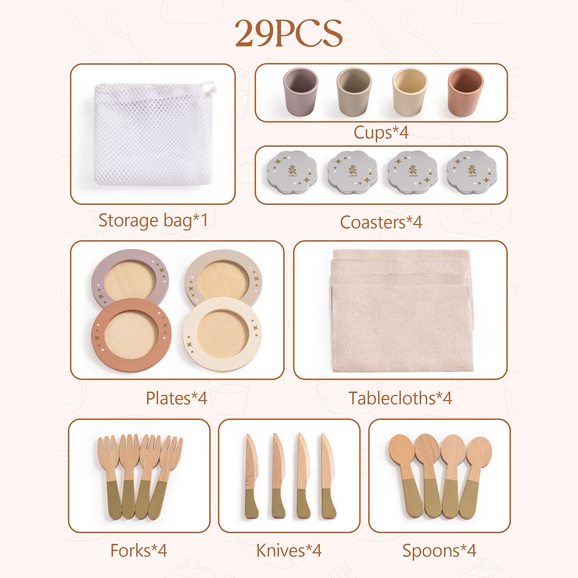 ROBUD 4er-Set Spielgeschirr aus Holz