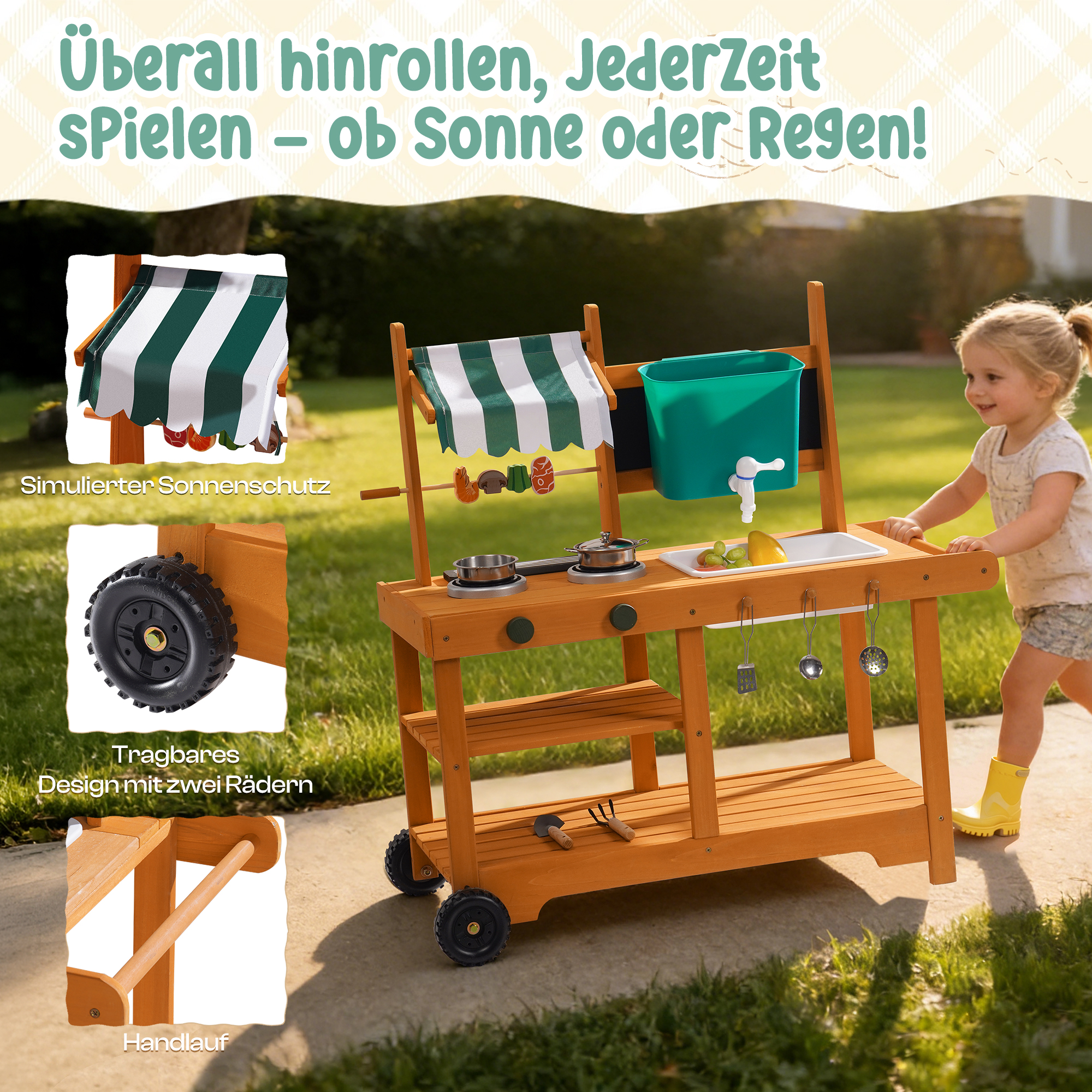 ROBUD Schlammküche für Kinder im Freien mit Sonnendach und Rädern
