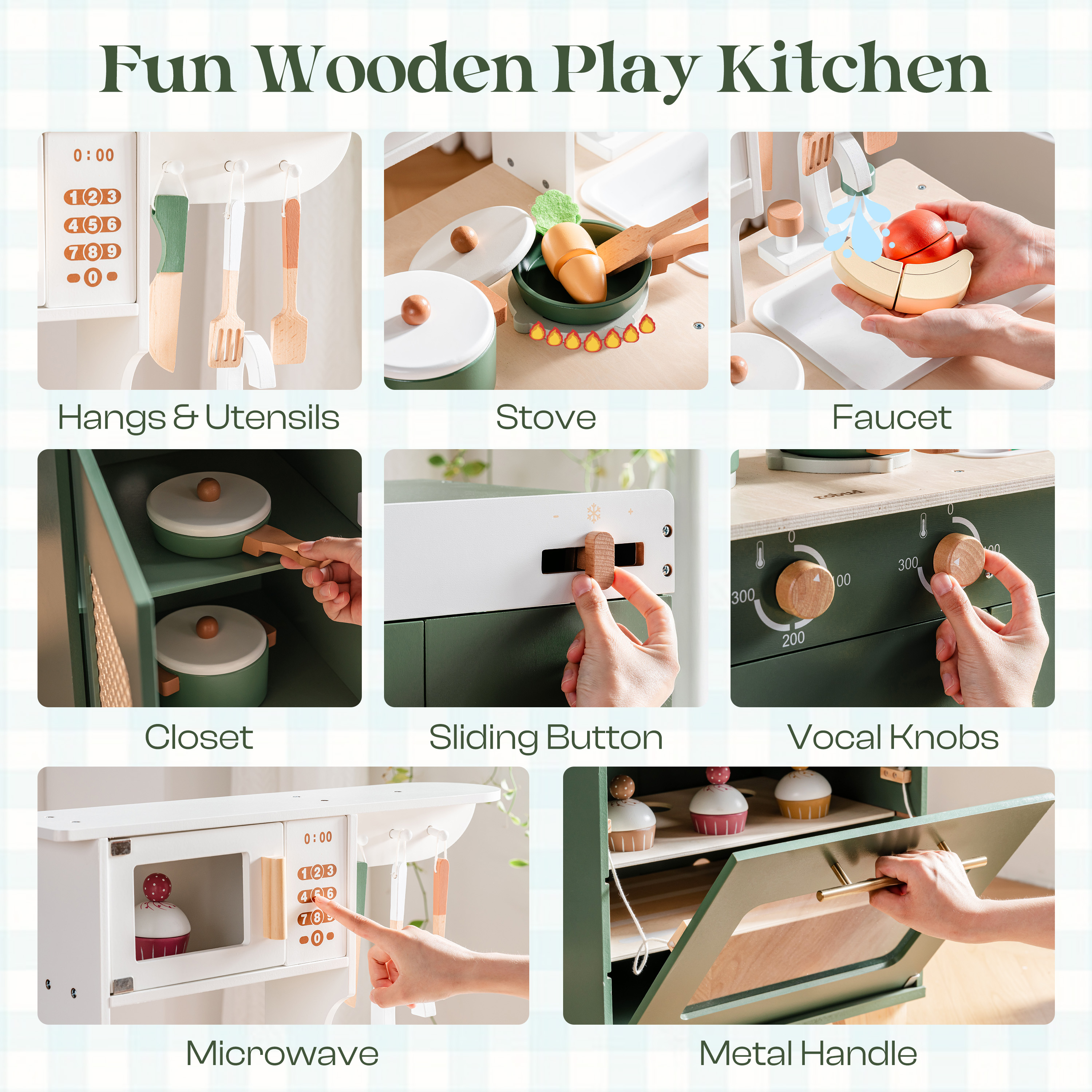 ROBUD 3-teiliges Holz-Küchenspielset für Kinder – Vintage-Grün