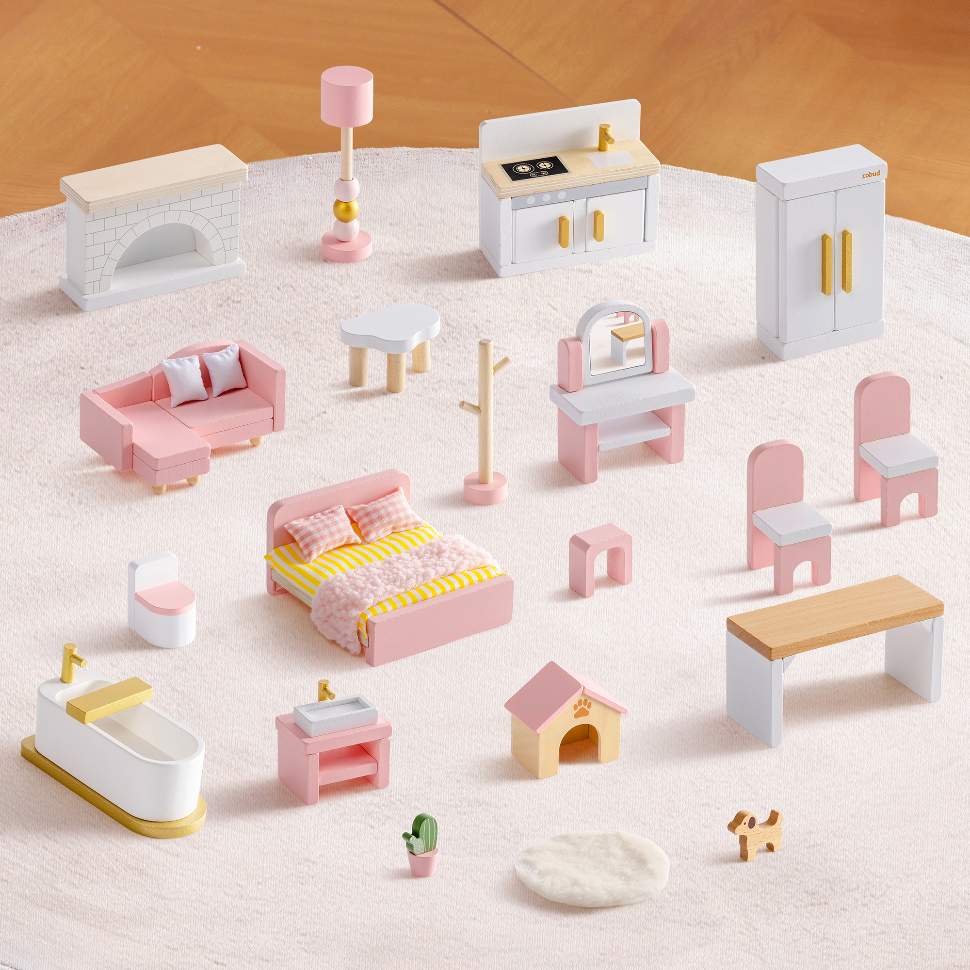 ROBUD Wooden Dollhouse Furniture Set - Pink