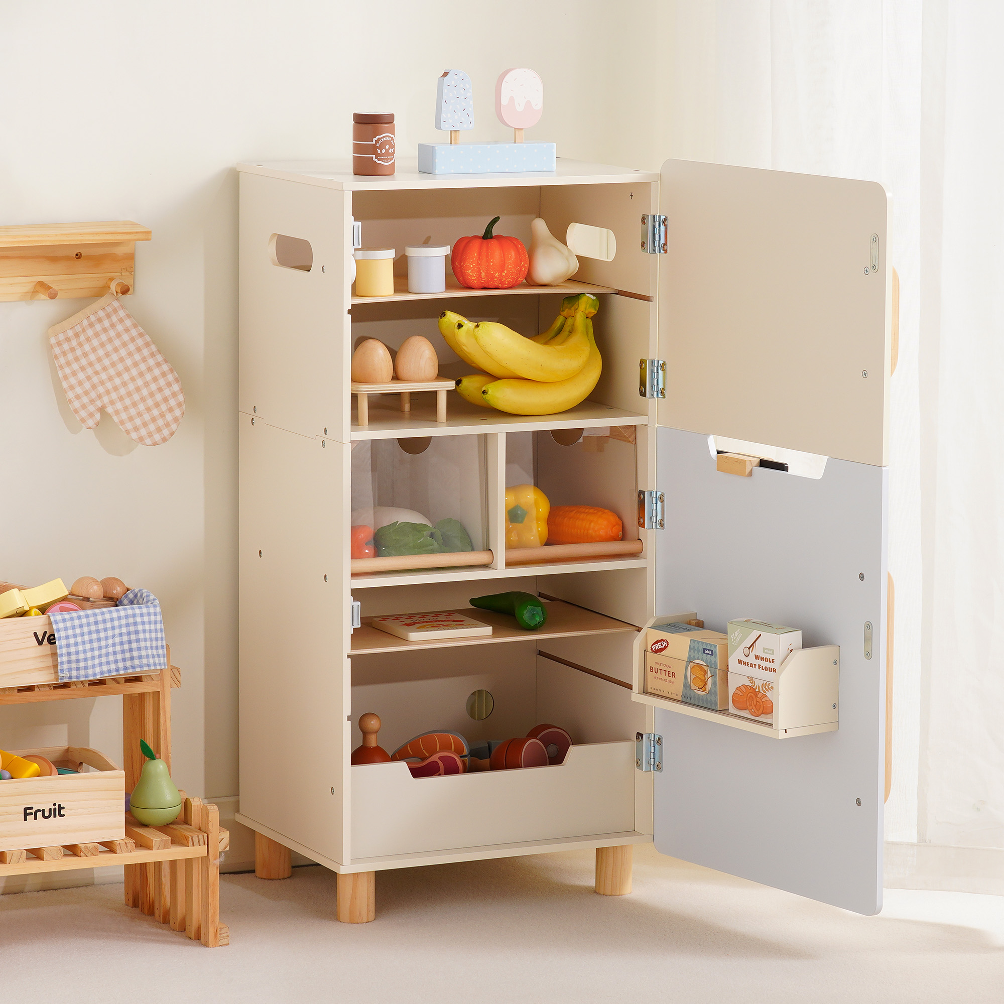 ROBUD Wooden Toy Fridge Playset