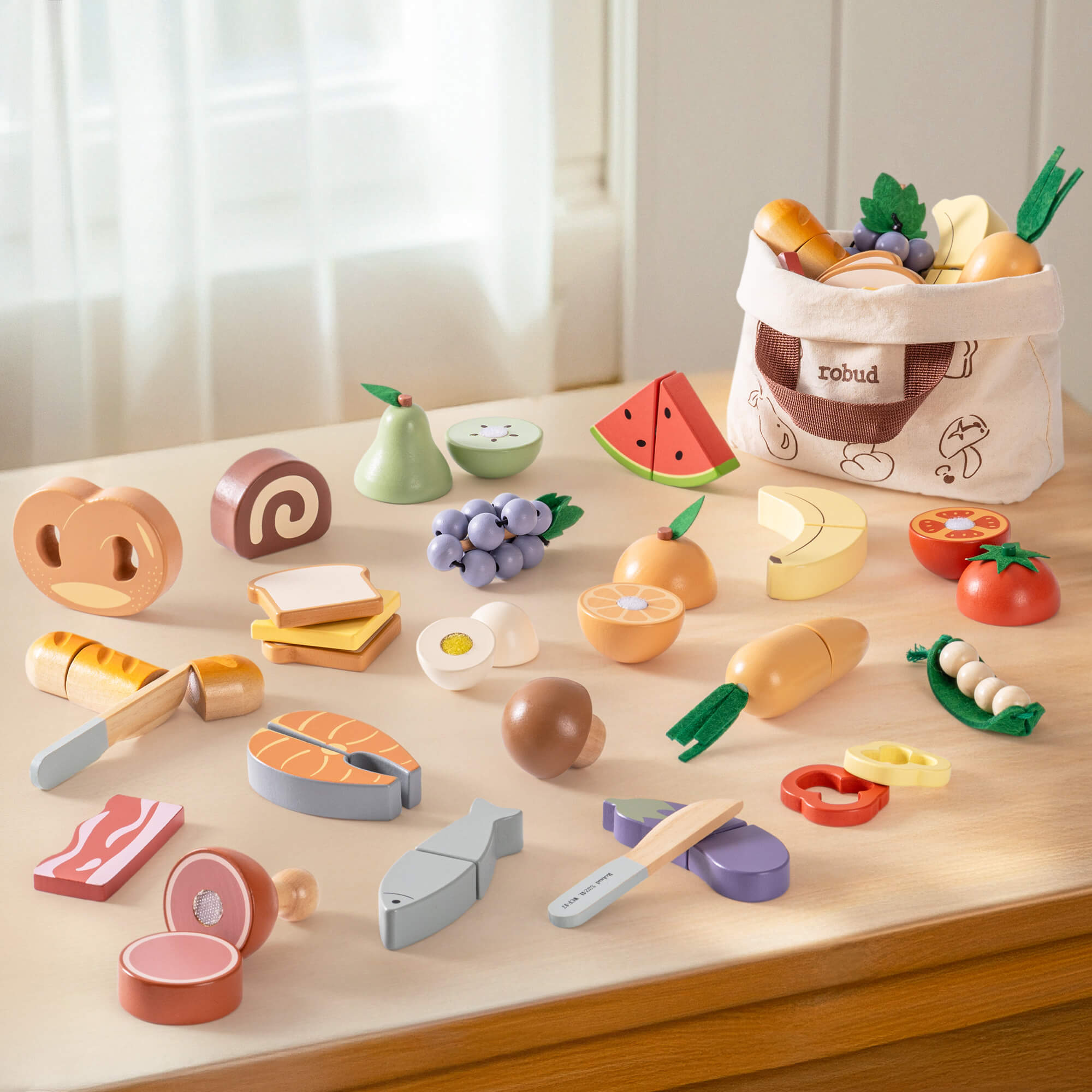 ROBUD Holz-Schneide-Lebensmittel-Spielset 4-in-1