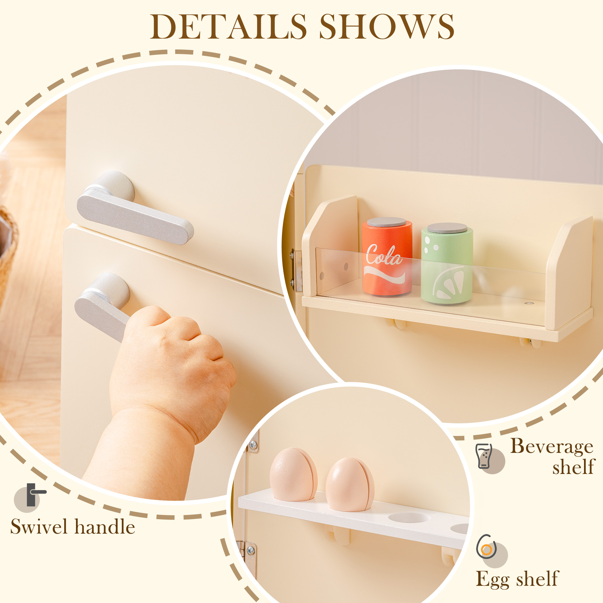 ROBUD Wooden Kids Play Kitchen Fridge Creamy