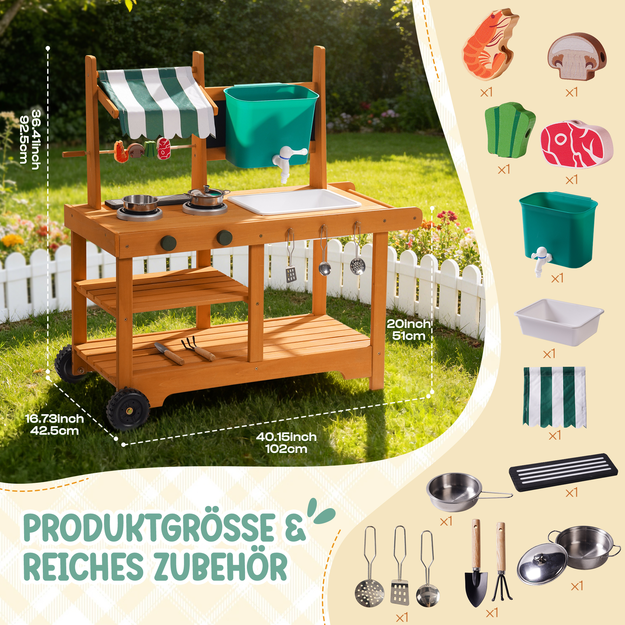 ROBUD Schlammküche für Kinder im Freien mit Sonnendach und Rädern