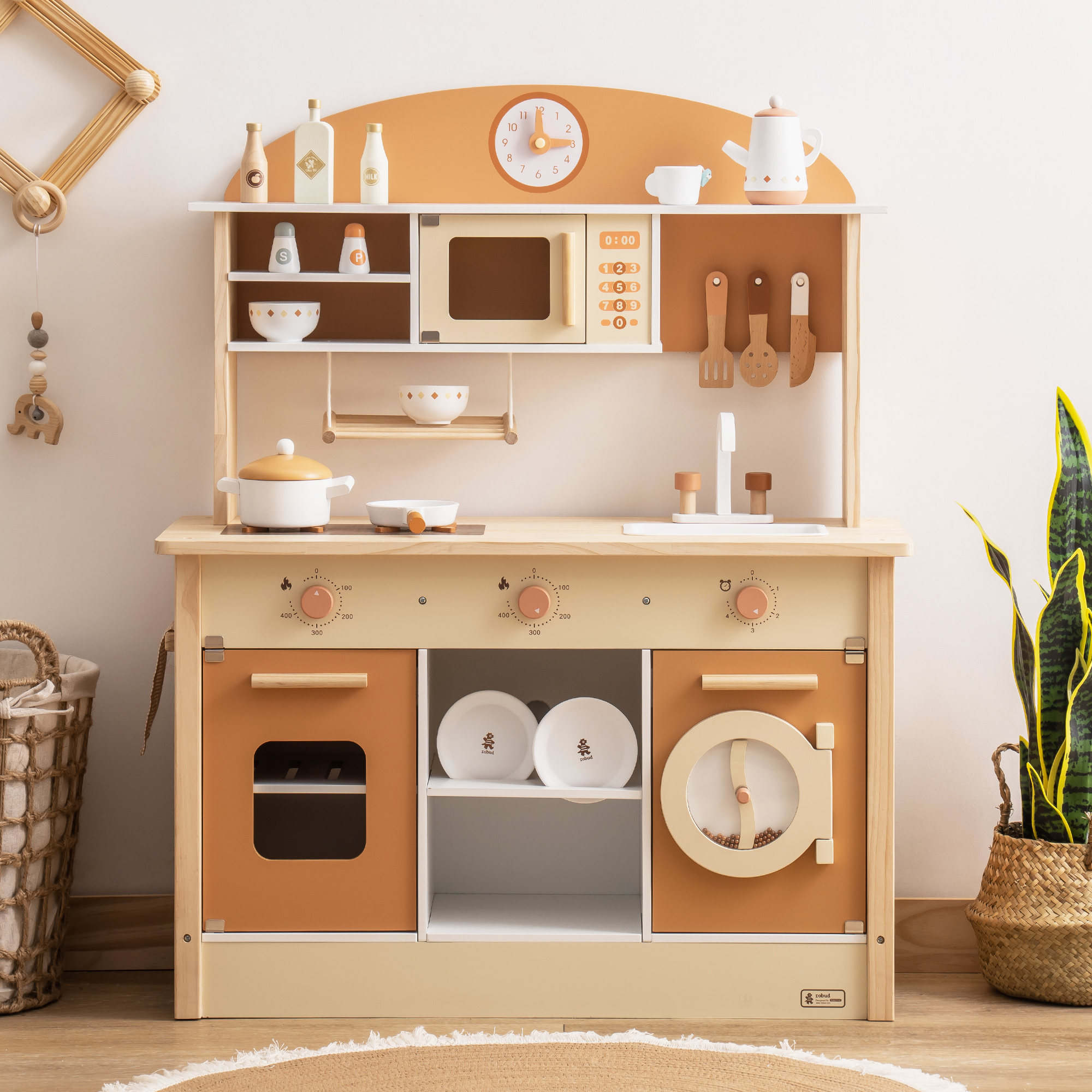 ROBUD Holz-Küchenspielzeug, Kinderküchen-Set, Spielküche mit Kühlschrank und Waschmaschine