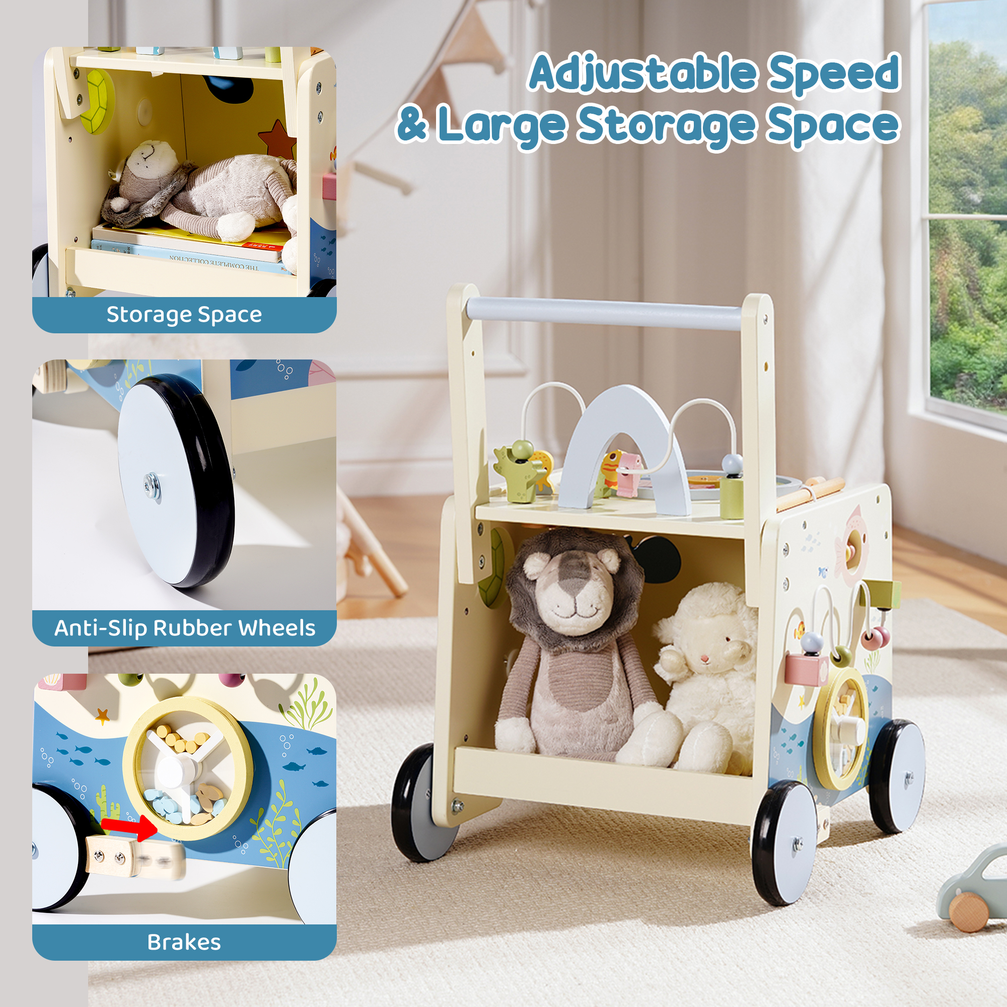 ROBUD Wooden Baby Push Walker - Underwater World