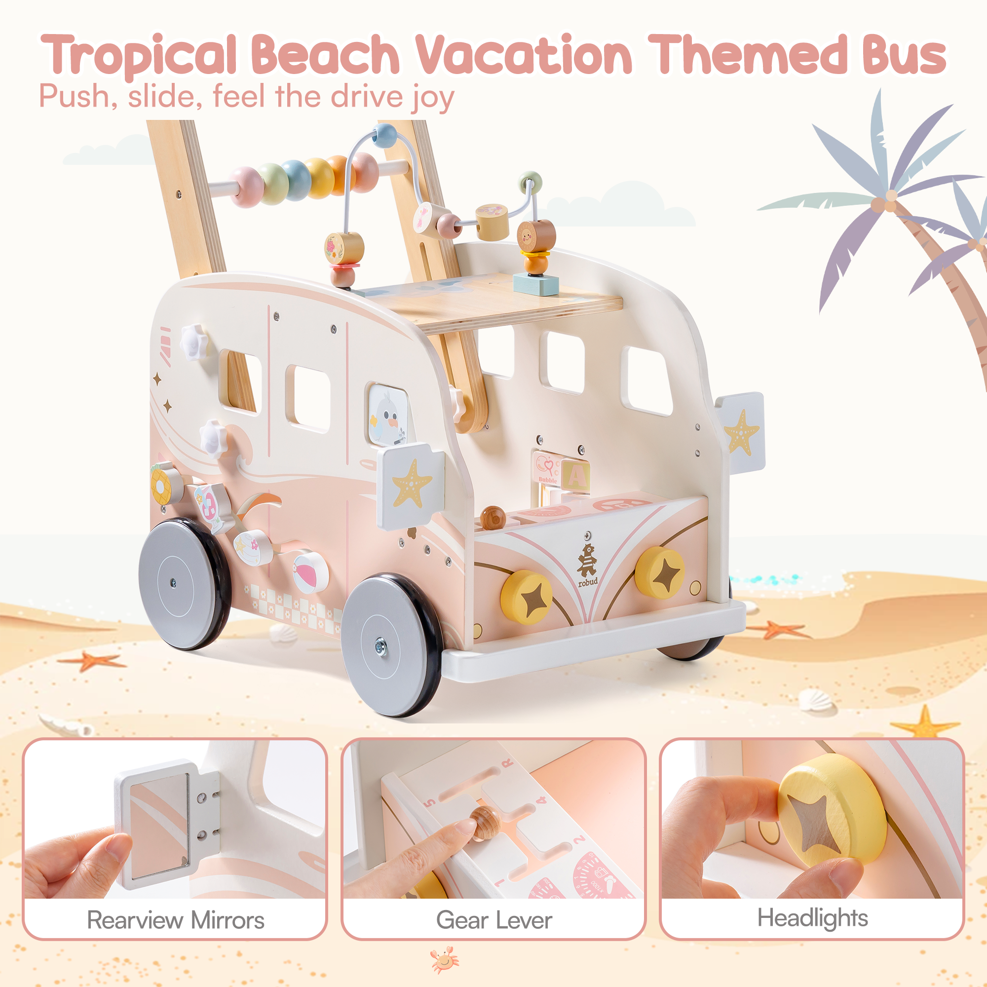 ROBUD Lauflernwagen aus Holz – Rosa Urlaubsbus – Image 8