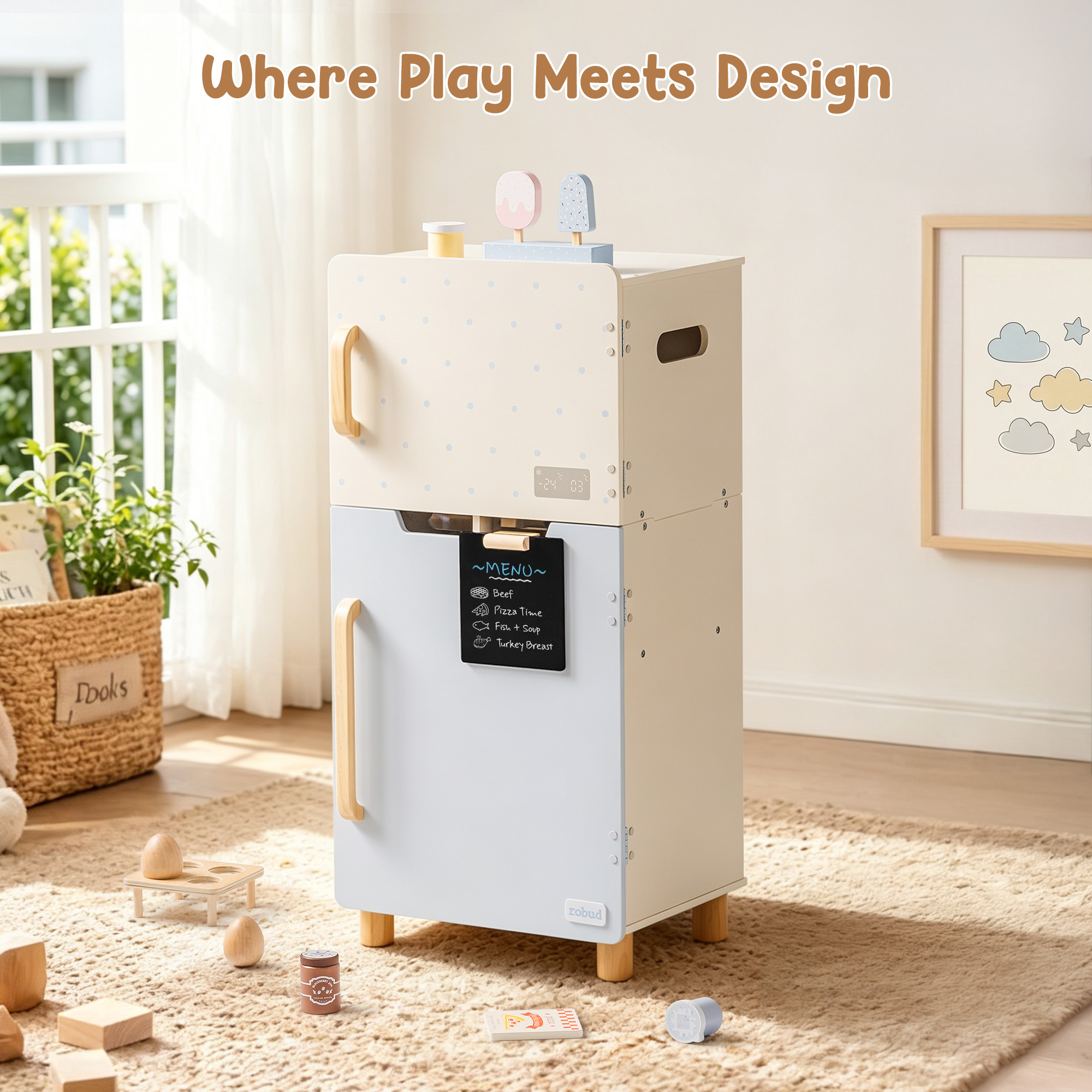 ROBUD Wooden Toy Fridge Playset