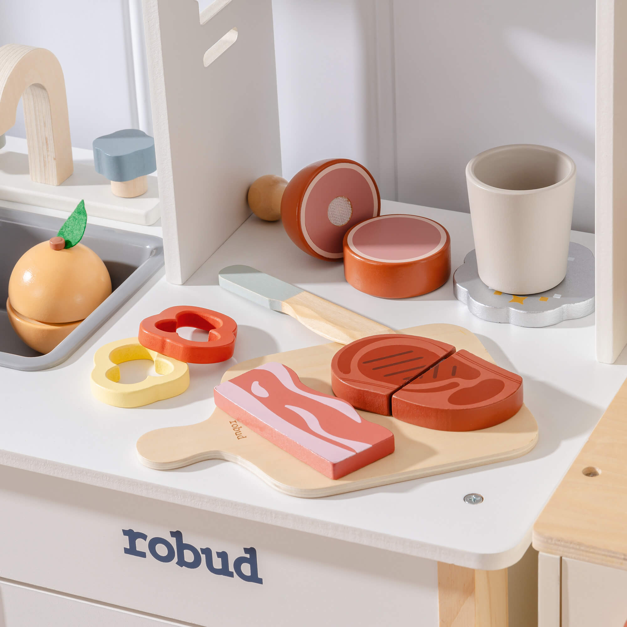 ROBUD Holz-Schneide-Lebensmittel-Spielset 4-in-1