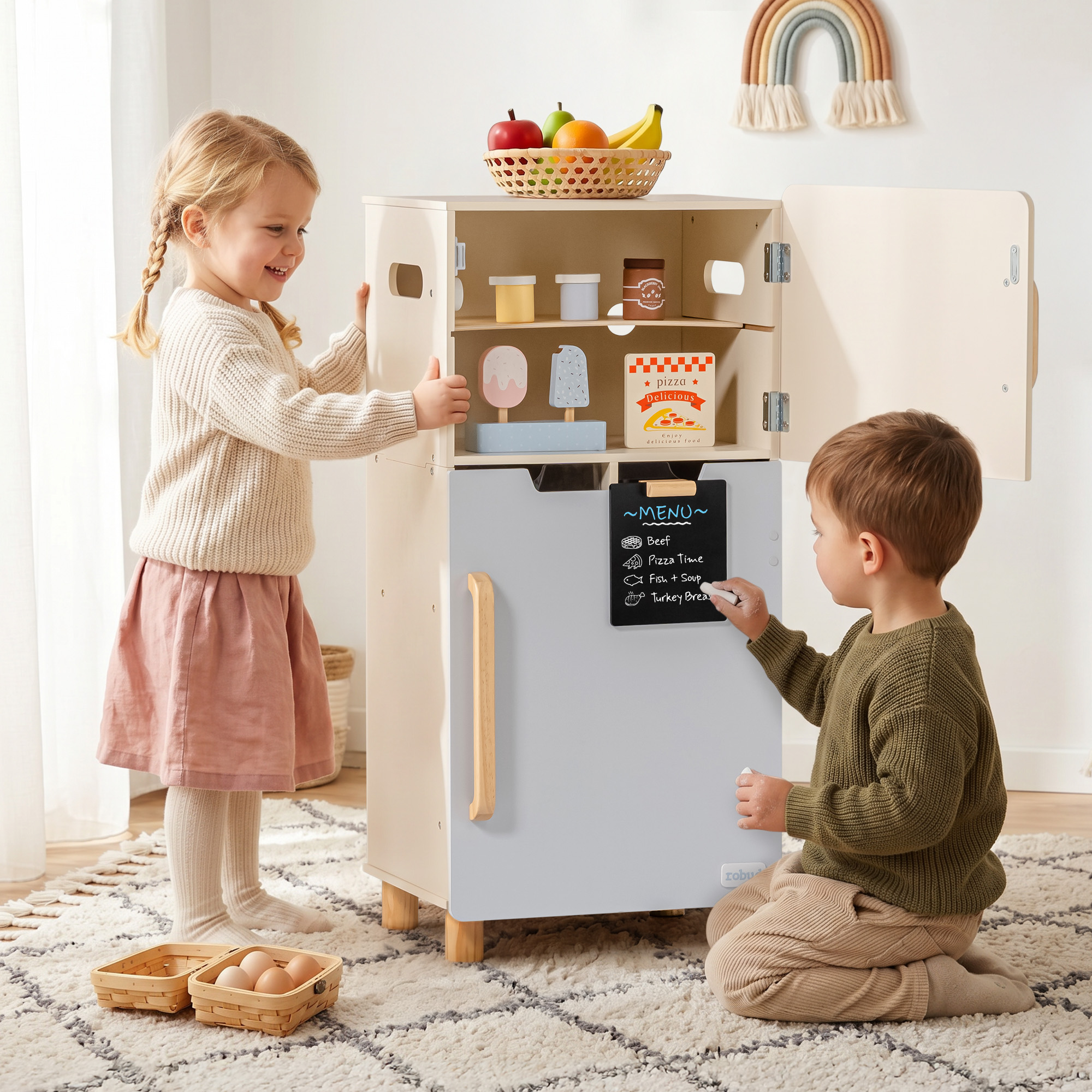 ROBUD Wooden Toy Fridge Playset