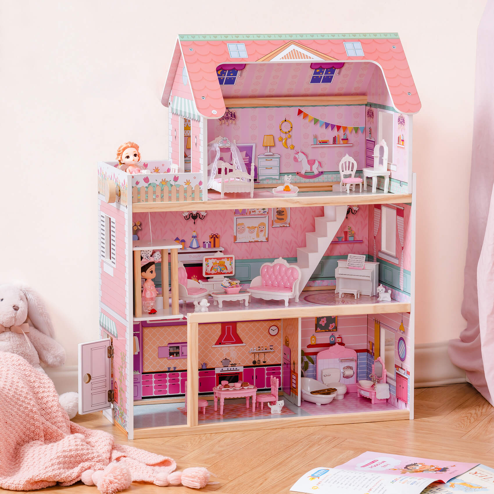 ROBUD Wooden Dollhouse with Elevator 20pcs Furniture 3-Storey Preschool WDH04