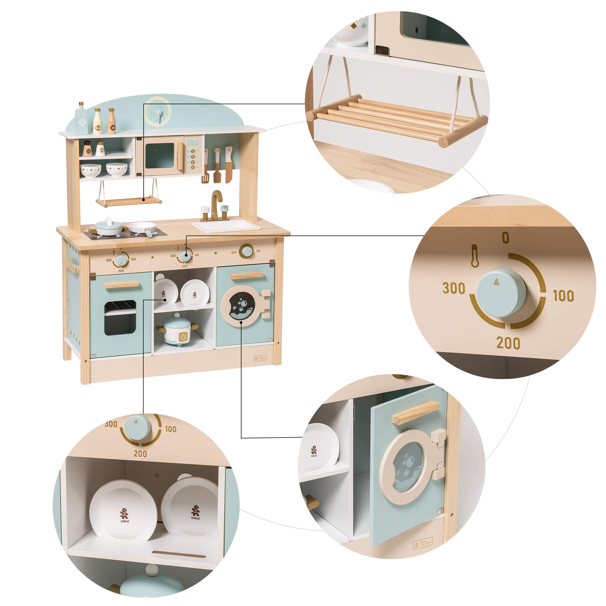 ROBUD Wooden Play Kitchen with Realistic Accessories