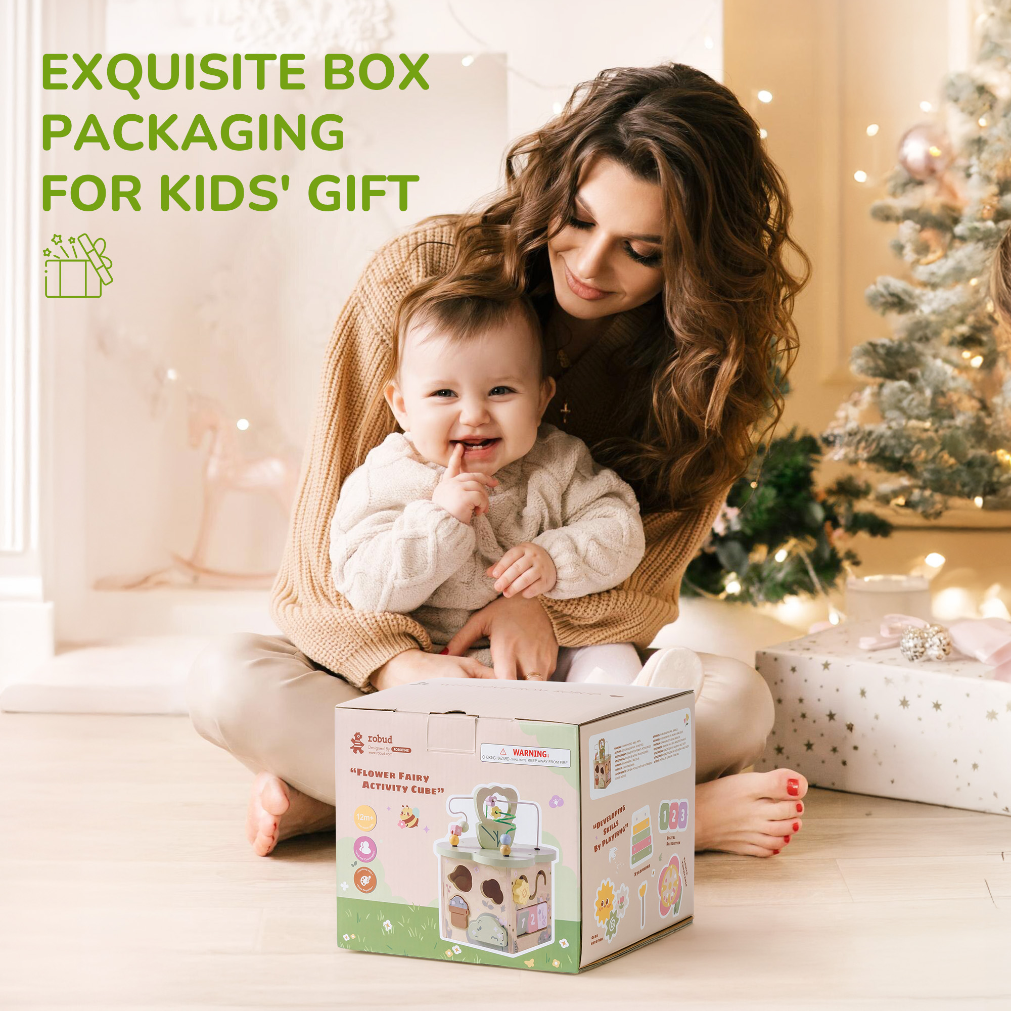 ROBUD Wooden Activity Cube - Flower Bush Theme