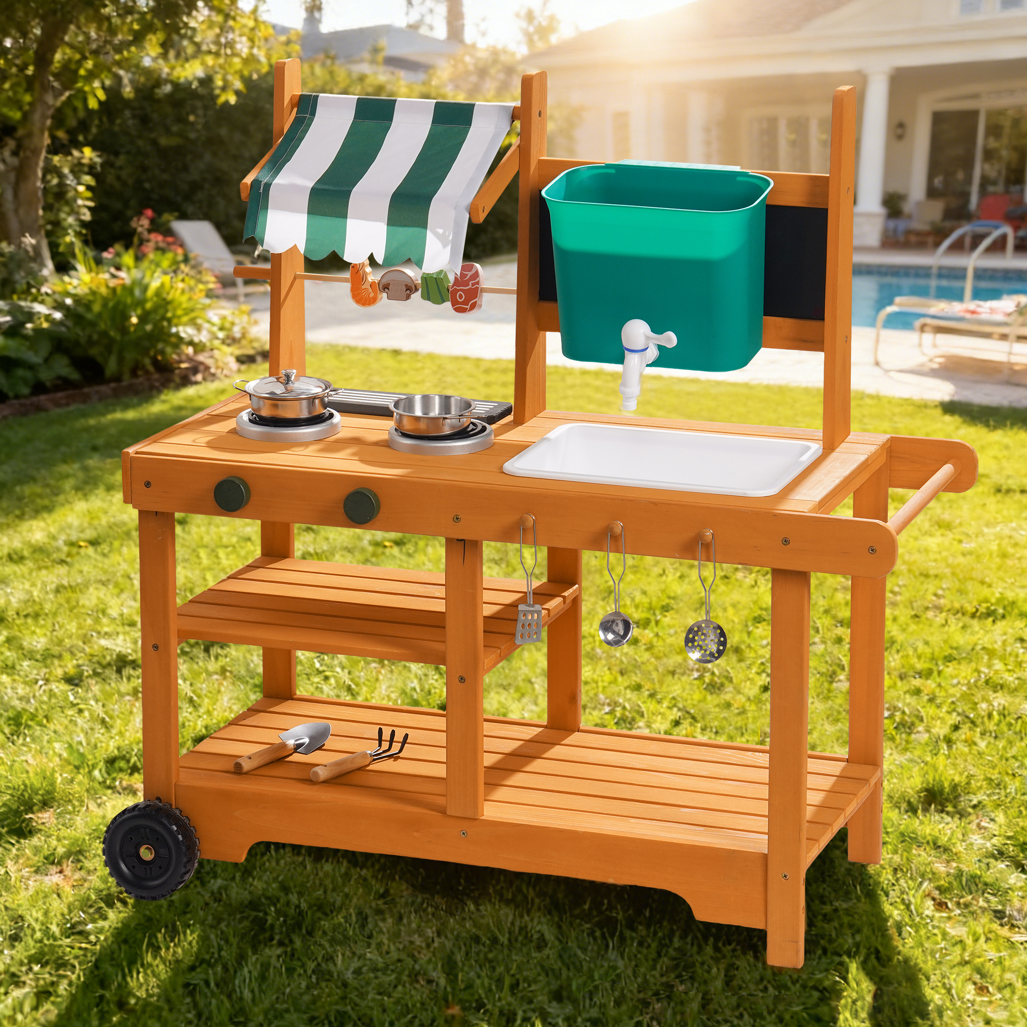 ROBUD Mud Kitchen for Kids Outdoor with Canopy & Wheels