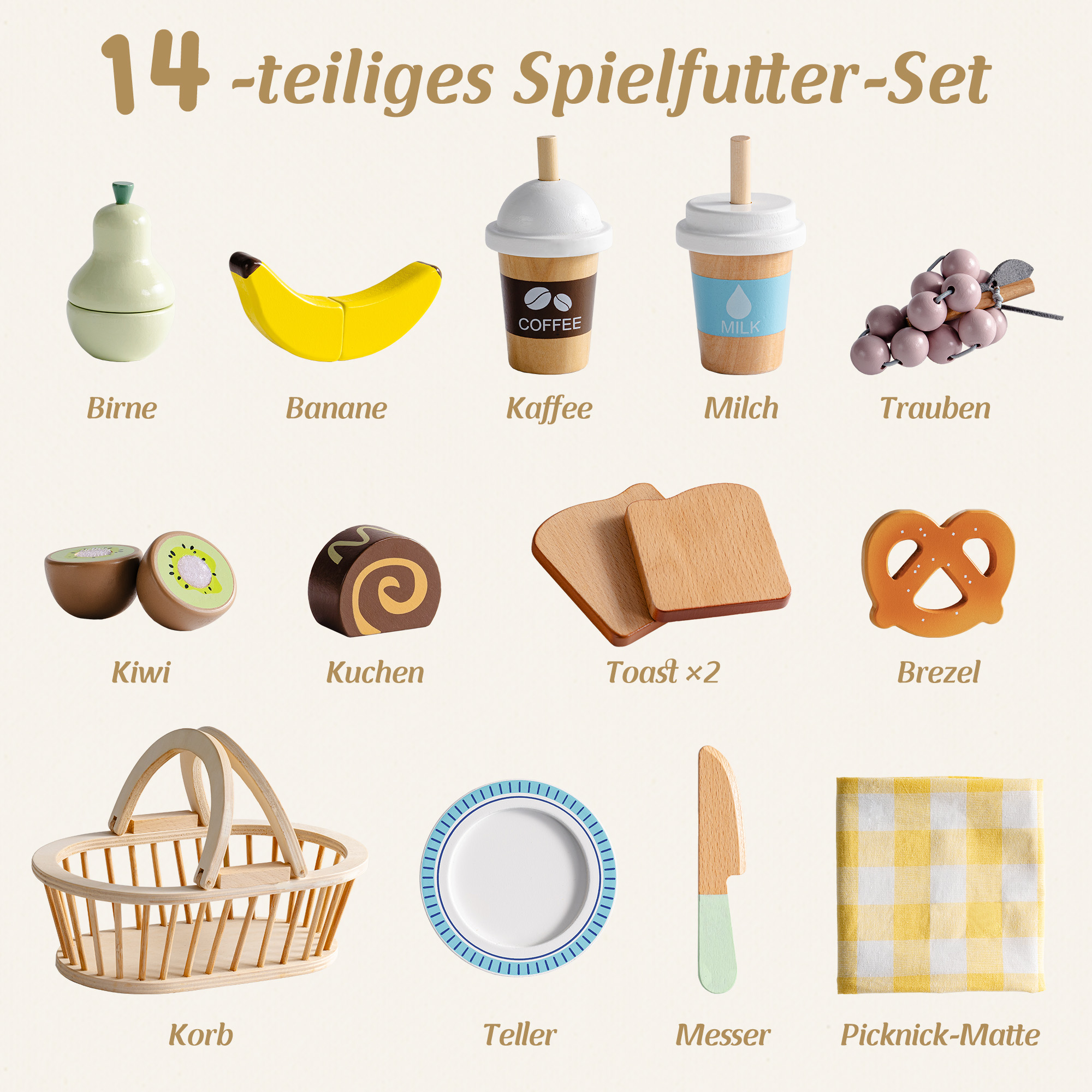 ROBUD Kinder-Picknick-Spiel-Lebensmittelset aus Holz