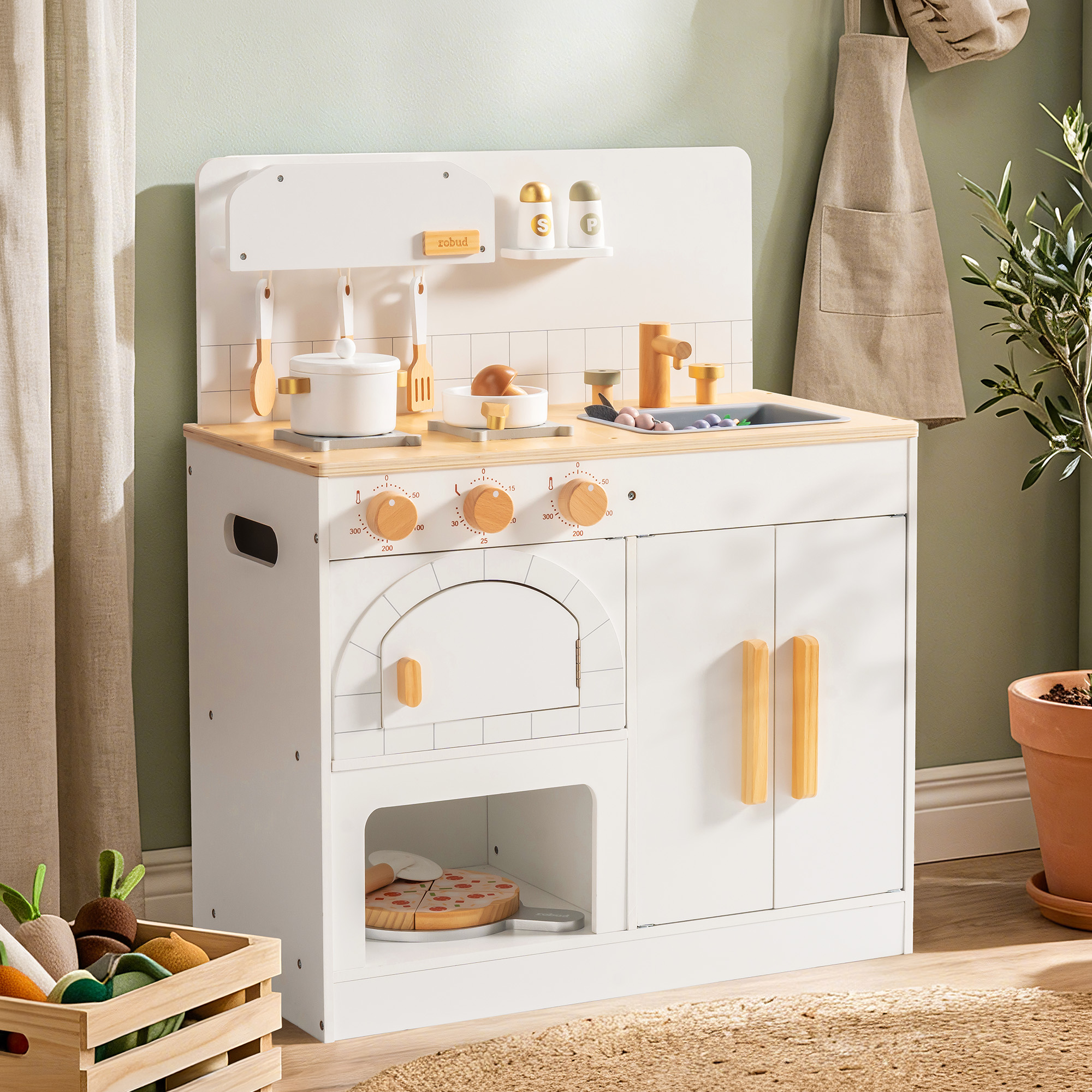 Vorverkauf - ROBUD Spielküche aus Holz für Kinder mit Pizzaofen