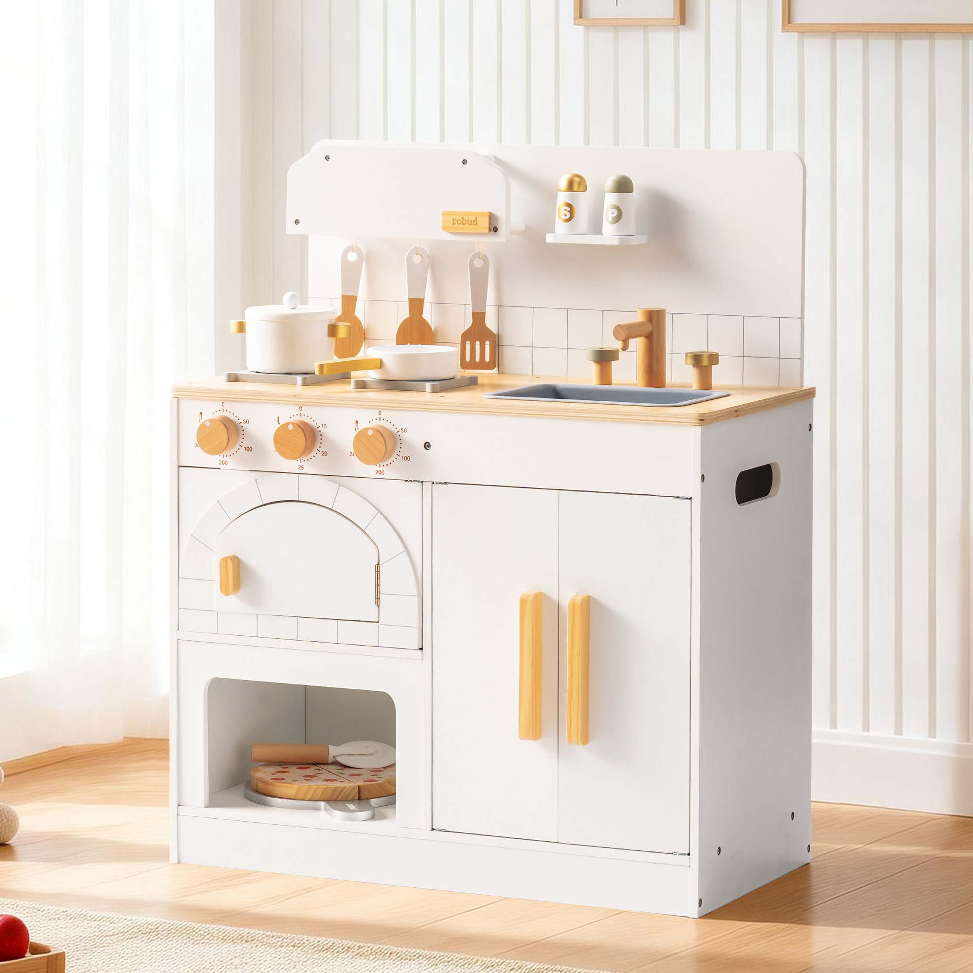 Vorverkauf - ROBUD Spielküche aus Holz für Kinder mit Pizzaofen