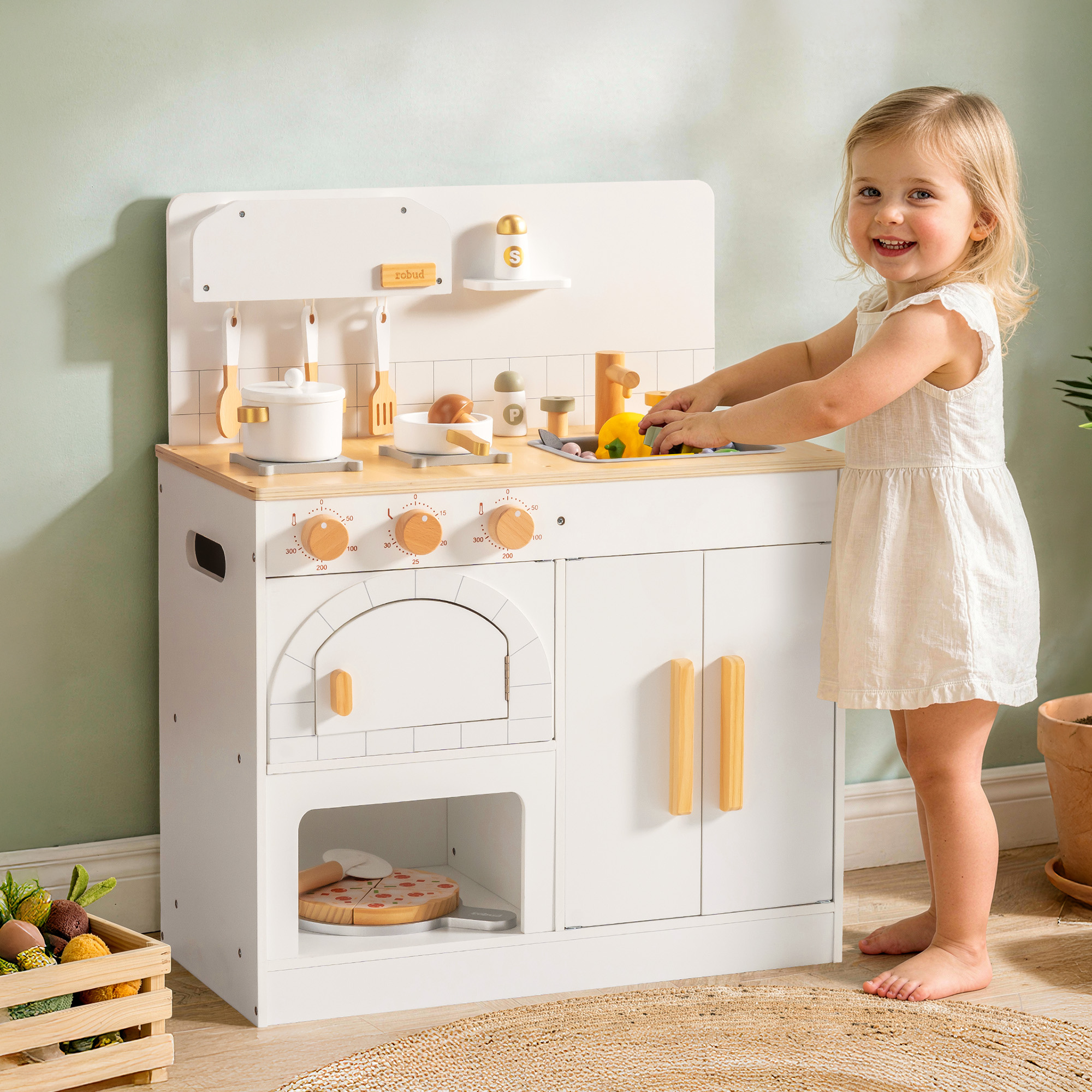 Vorverkauf - ROBUD Spielküche aus Holz für Kinder mit Pizzaofen
