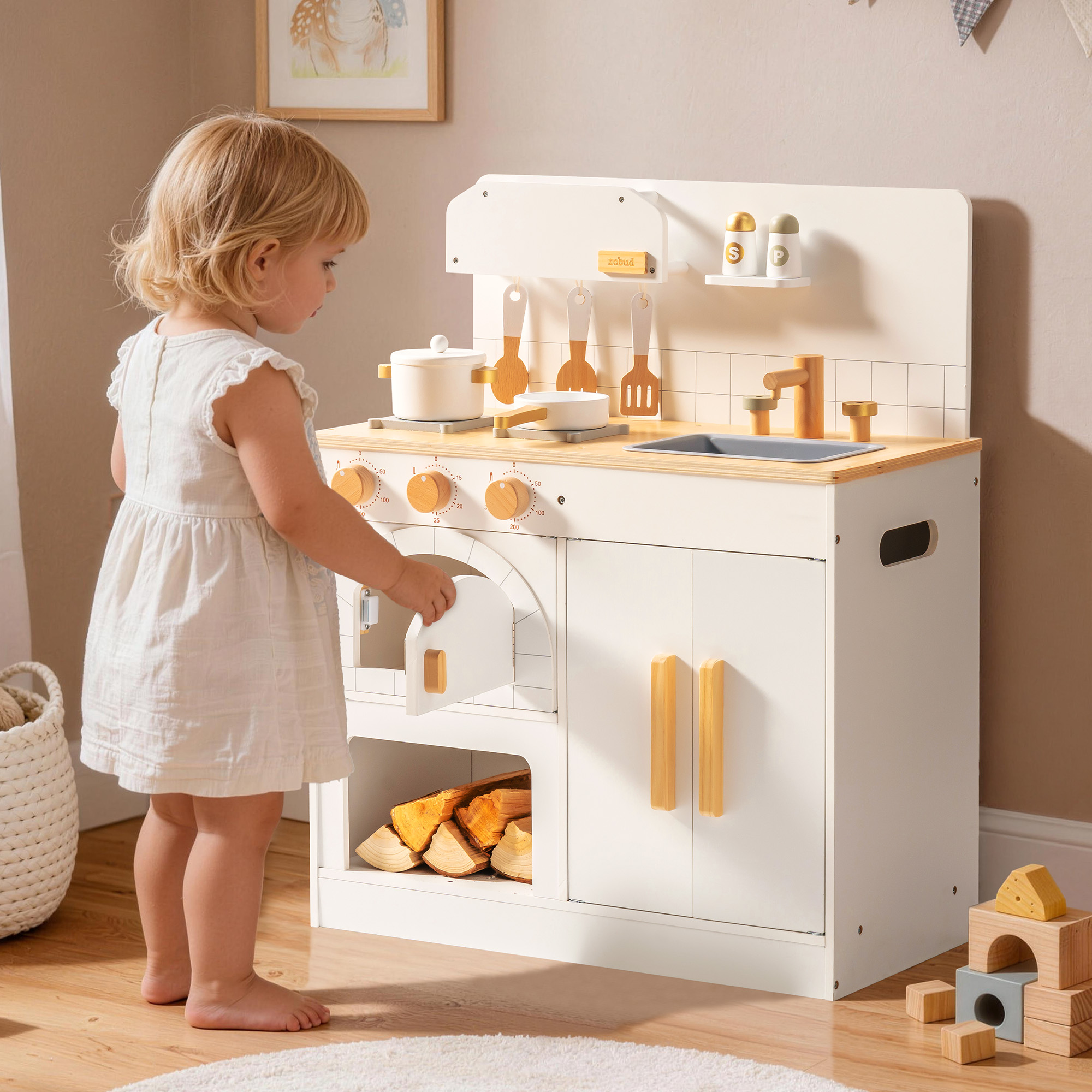 Vorverkauf - ROBUD Spielküche aus Holz für Kinder mit Pizzaofen