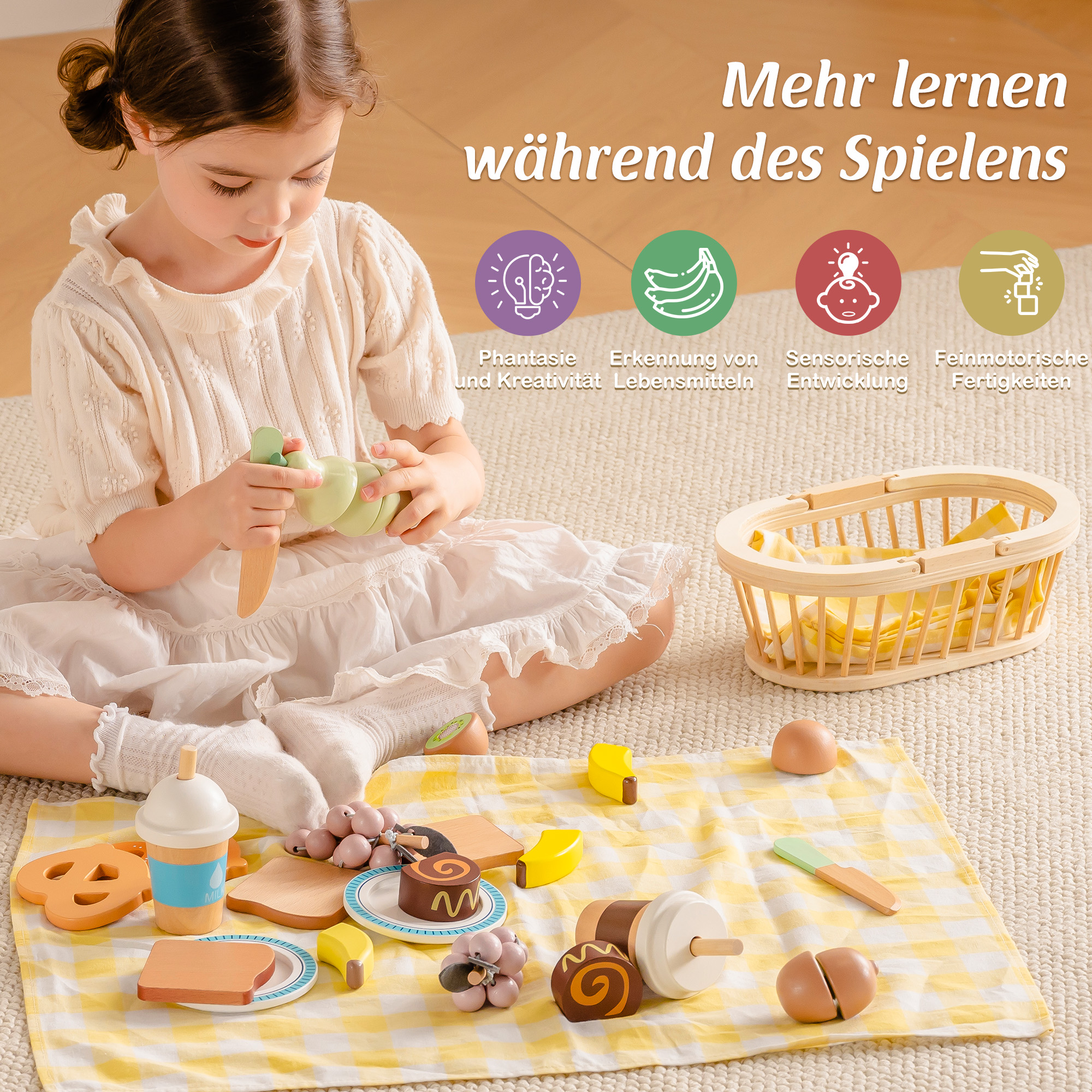 ROBUD Kinder-Picknick-Spiel-Lebensmittelset aus Holz