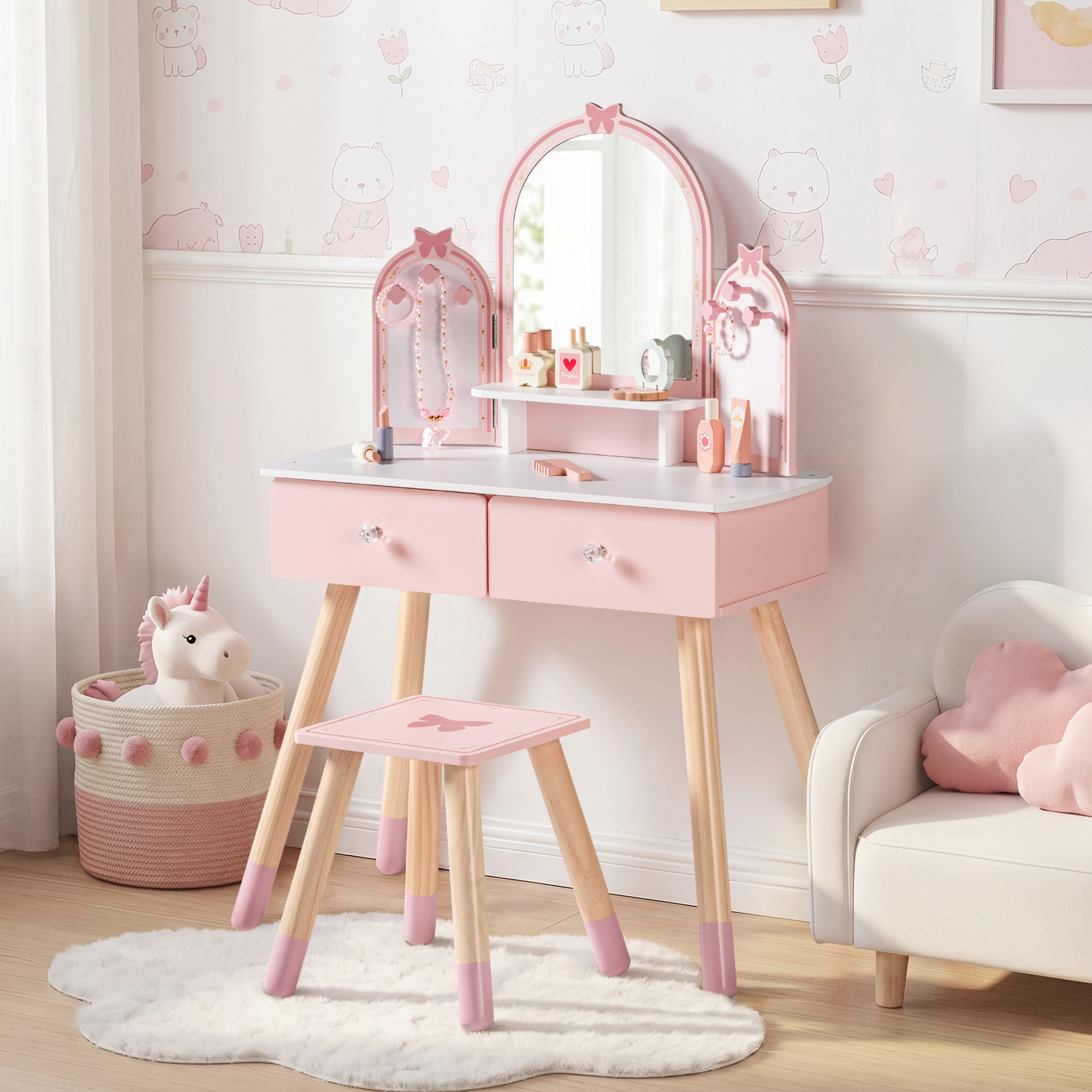 ROBUD Kids Vanity Table and Chair Set - Pink