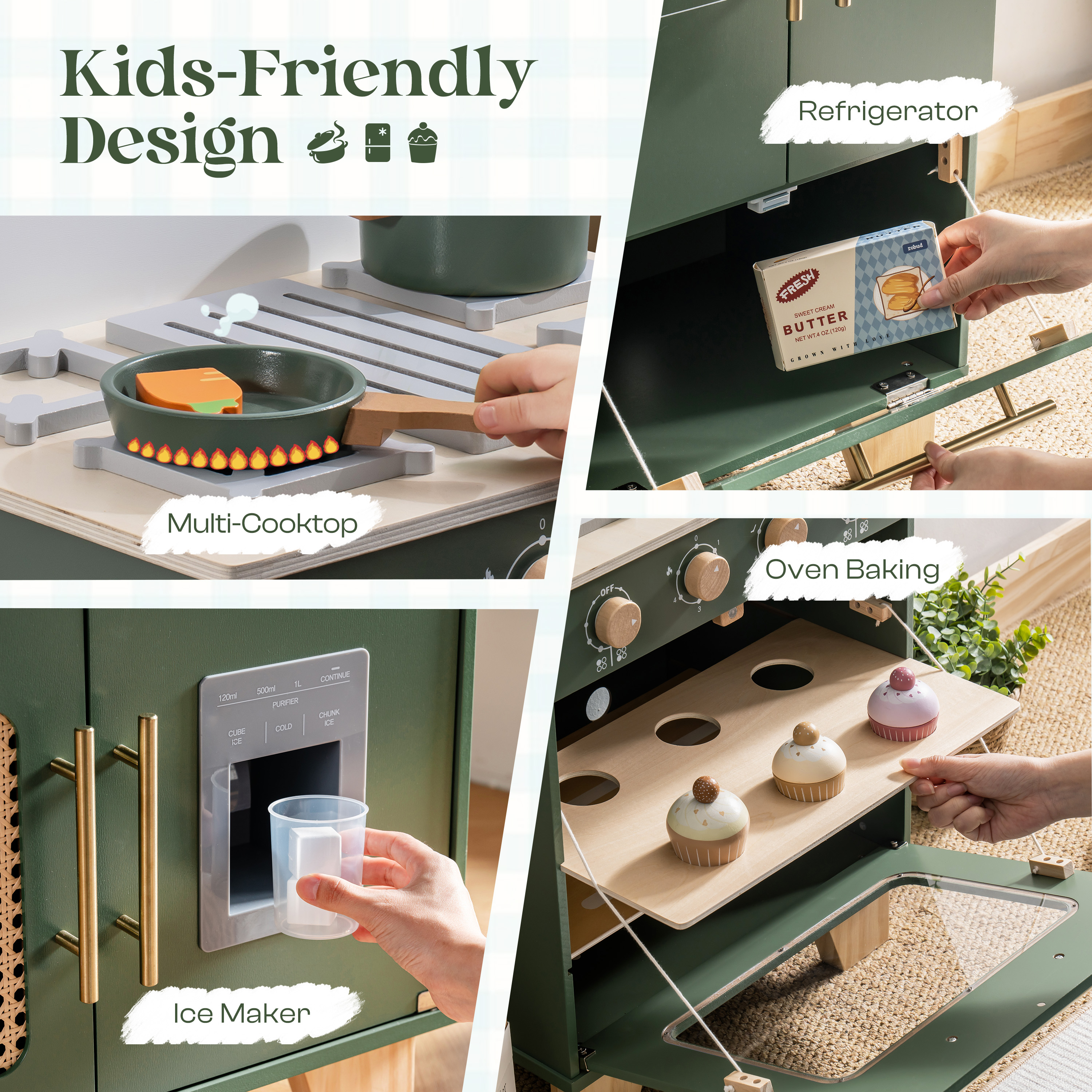 ROBUD 3-teiliges Holz-Küchenspielset für Kinder – Vintage-Grün