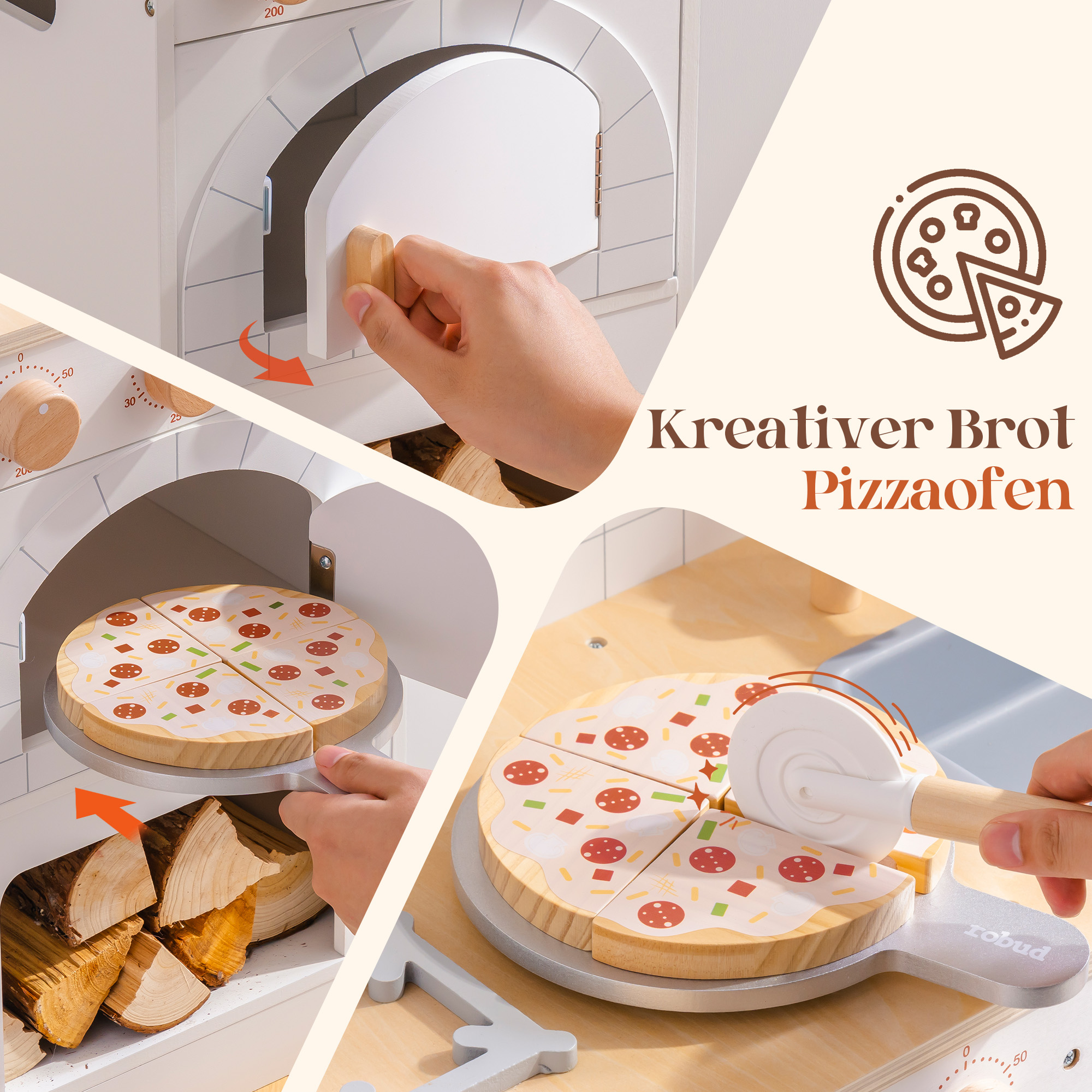 Vorverkauf - ROBUD Spielküche aus Holz für Kinder mit Pizzaofen