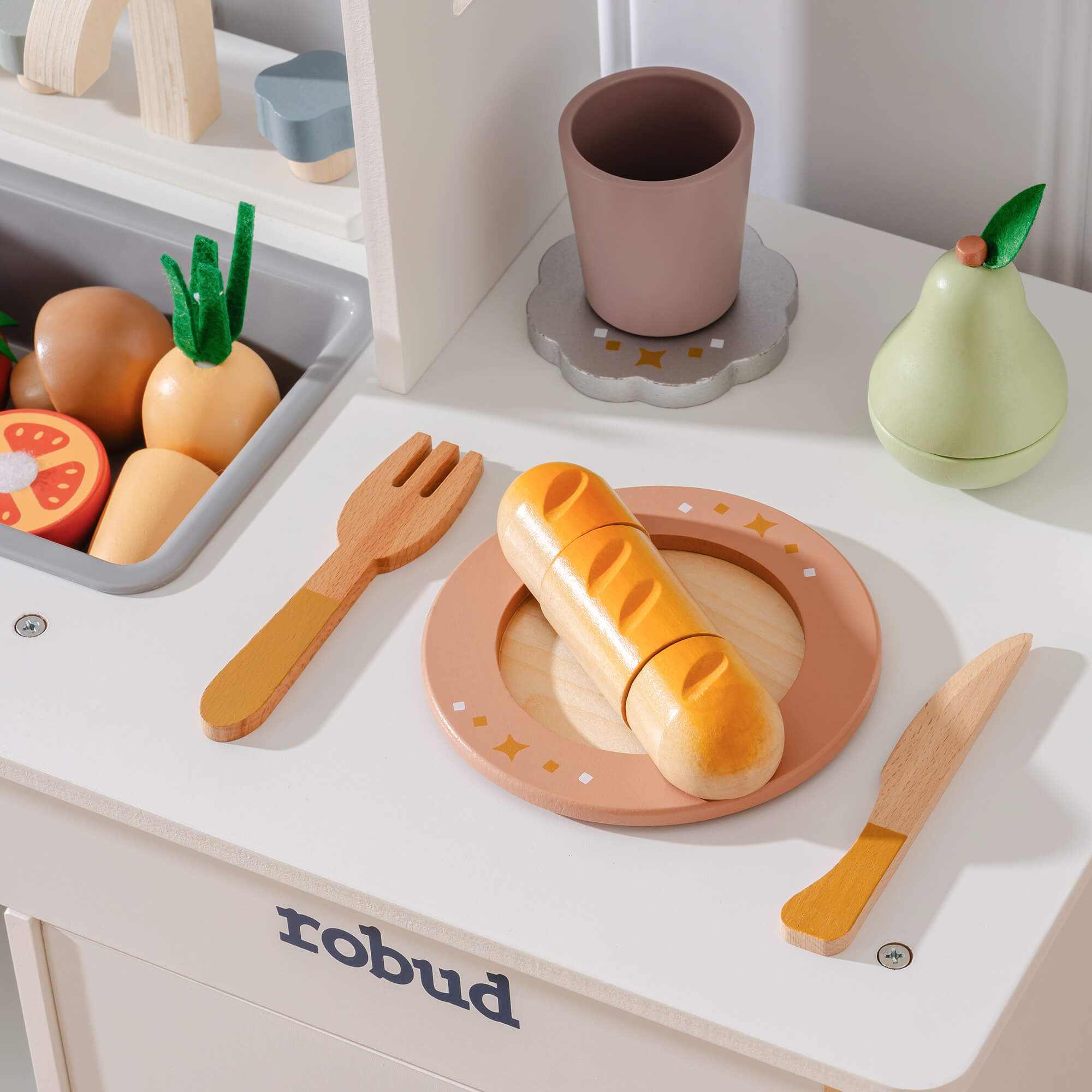 ROBUD Holz-Schneide-Lebensmittel-Spielset 4-in-1